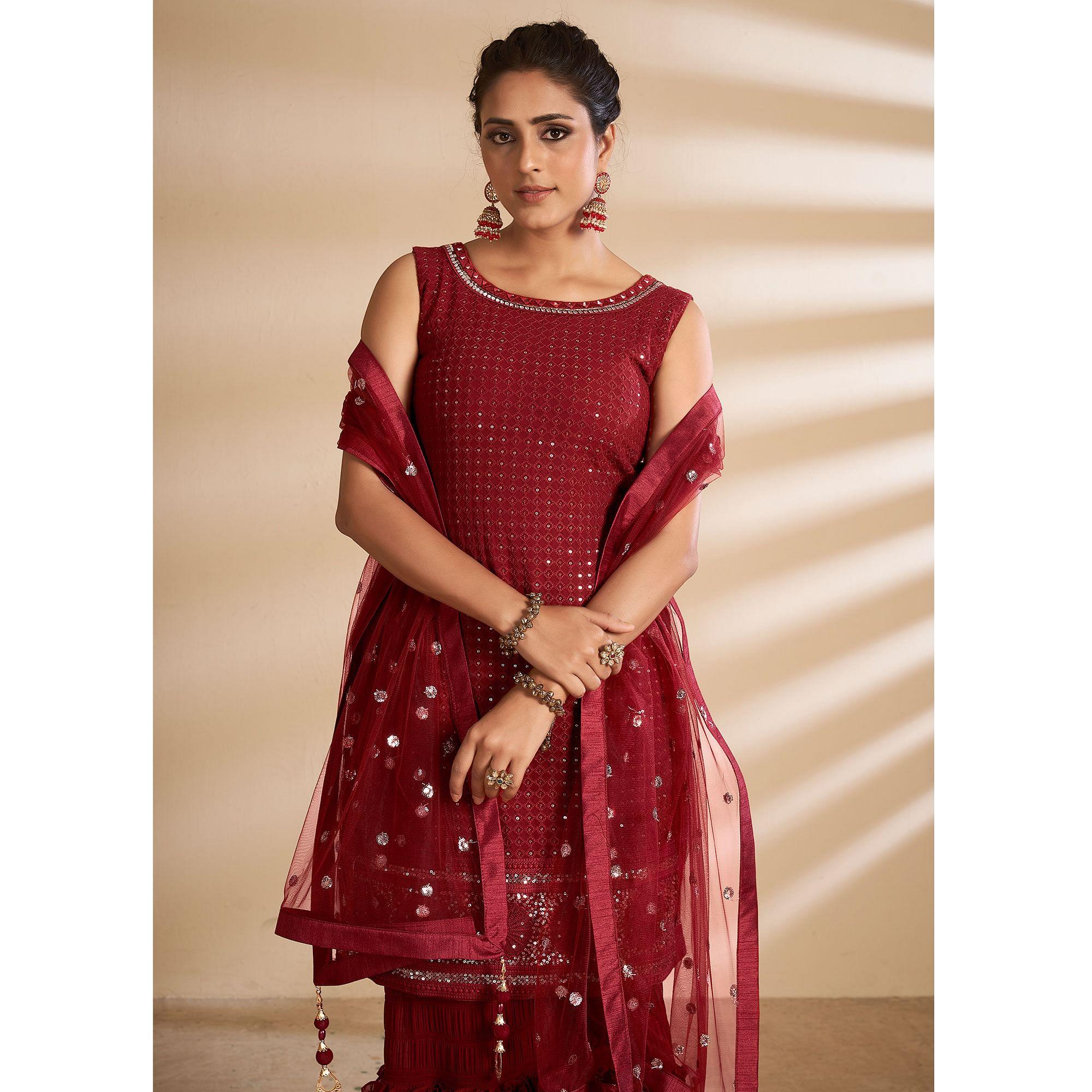 Maroon Partywear Embroidered Georgette Sharara Suit - Peachmode