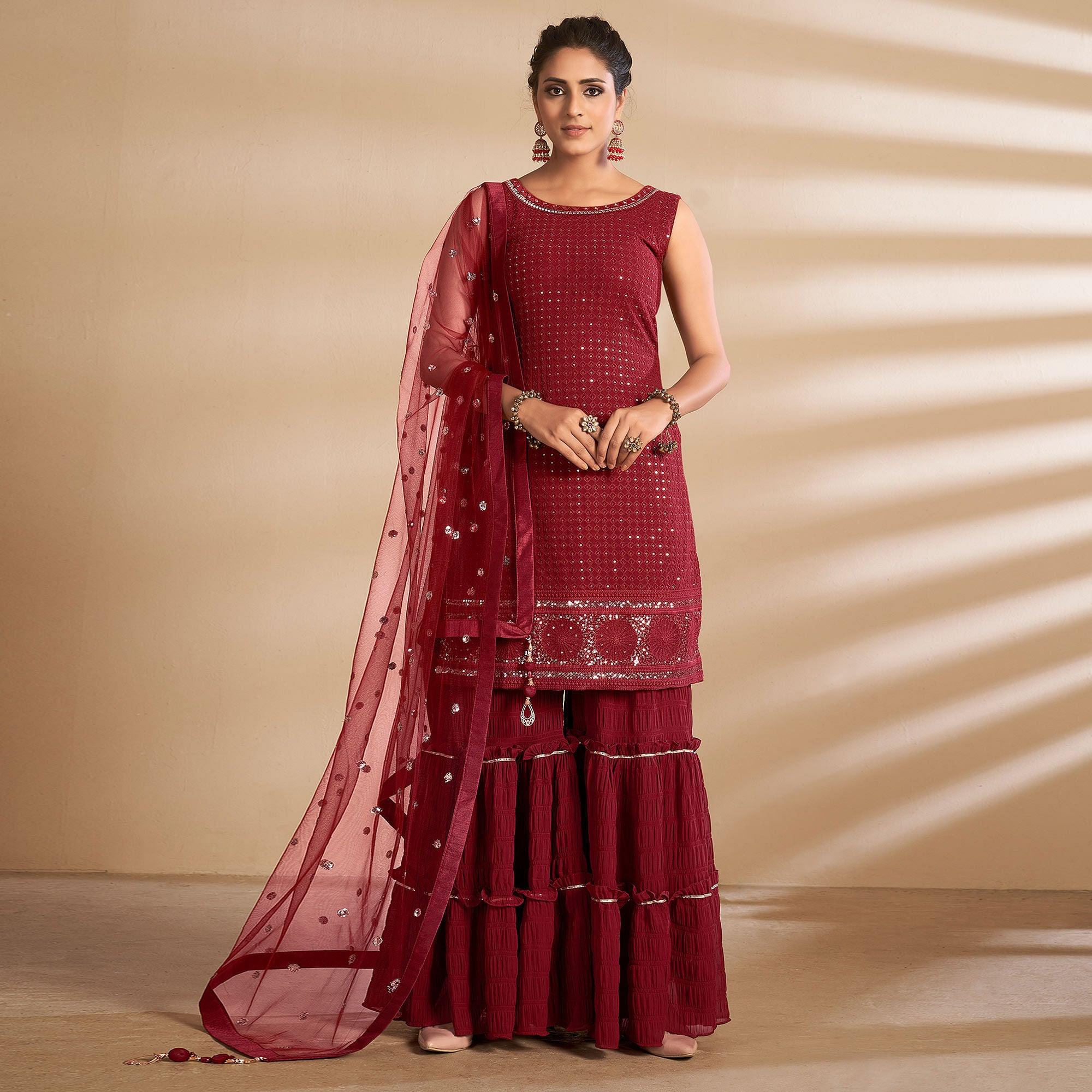 Maroon Partywear Embroidered Georgette Sharara Suit - Peachmode