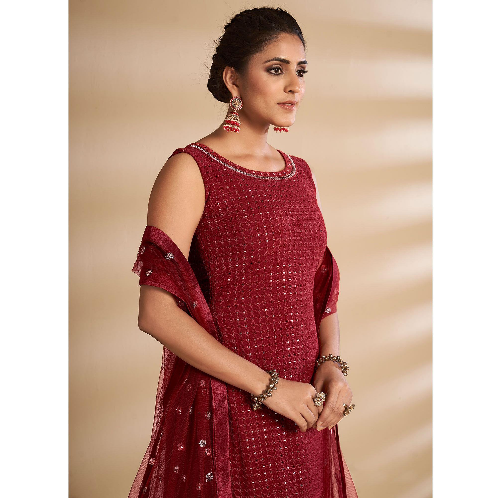 Maroon Partywear Embroidered Georgette Sharara Suit - Peachmode