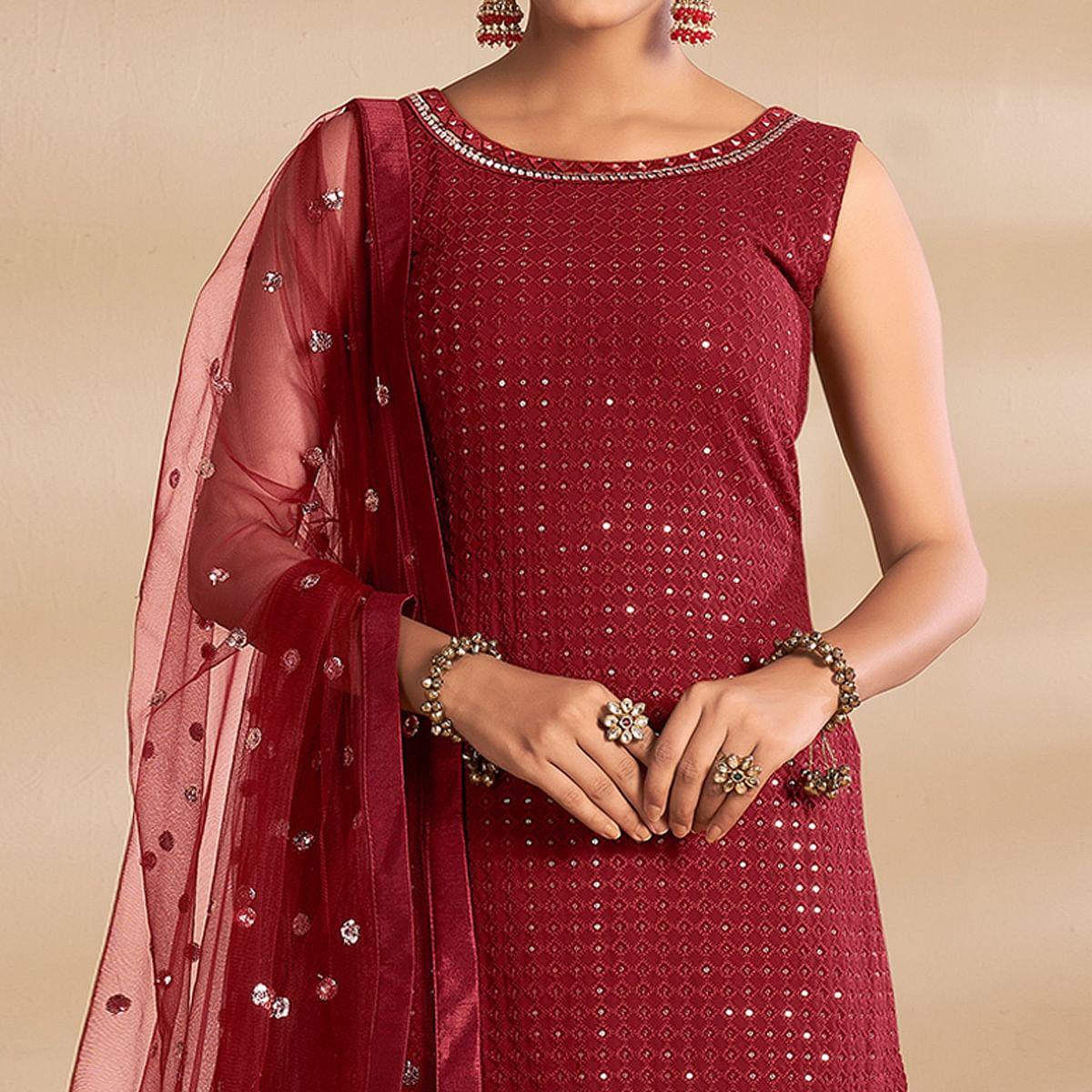 Maroon Partywear Embroidered Georgette Sharara Suit - Peachmode