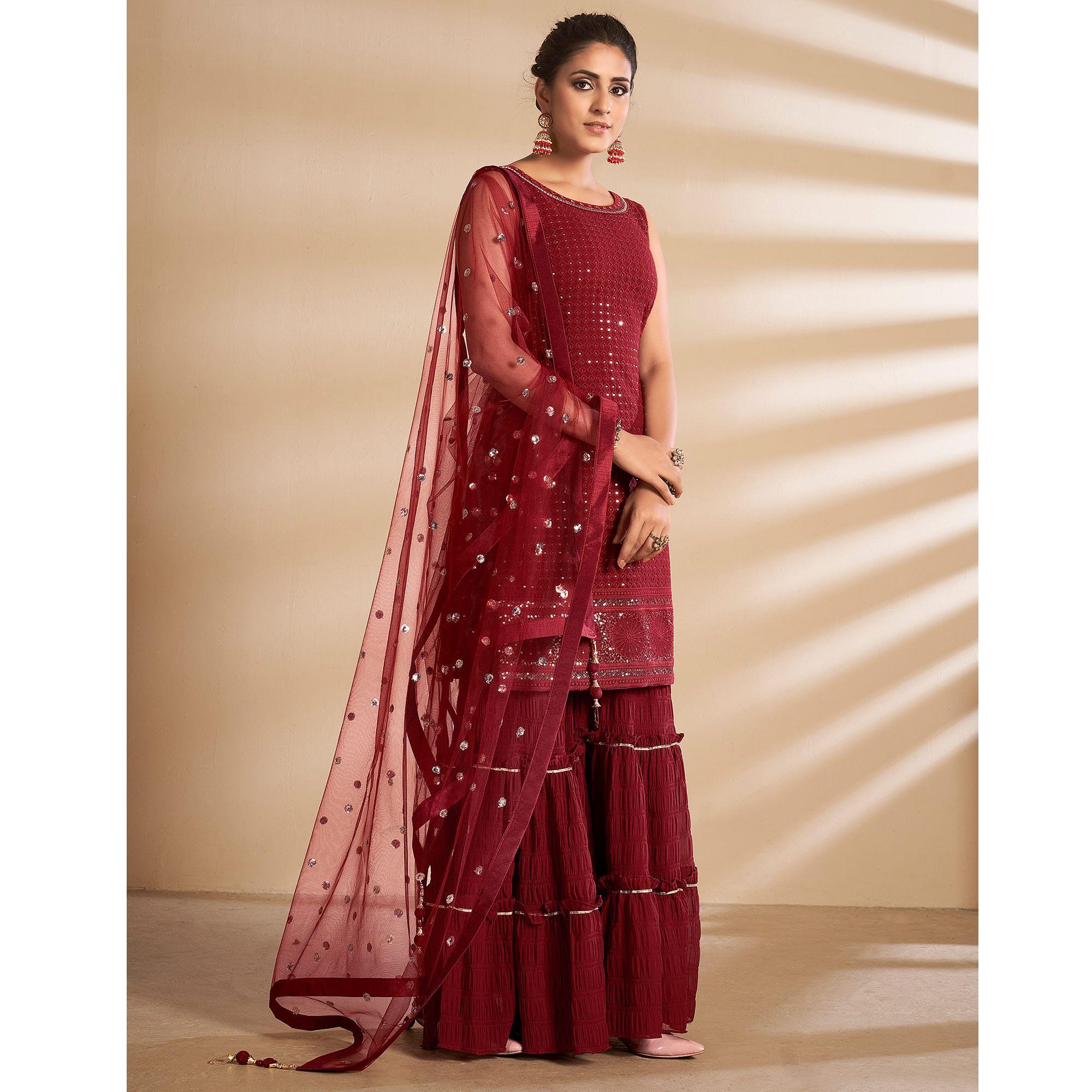 Maroon Partywear Embroidered Georgette Sharara Suit - Peachmode