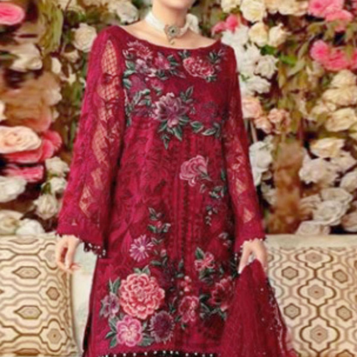 Maroon Partywear Embroidered Heavy Net Pakistani Suit - Peachmode