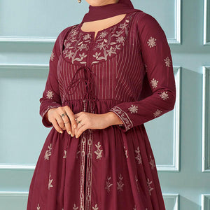 Maroon Partywear Embroidered Rayon Kurti - Palazzo Set With Dupatta - Peachmode