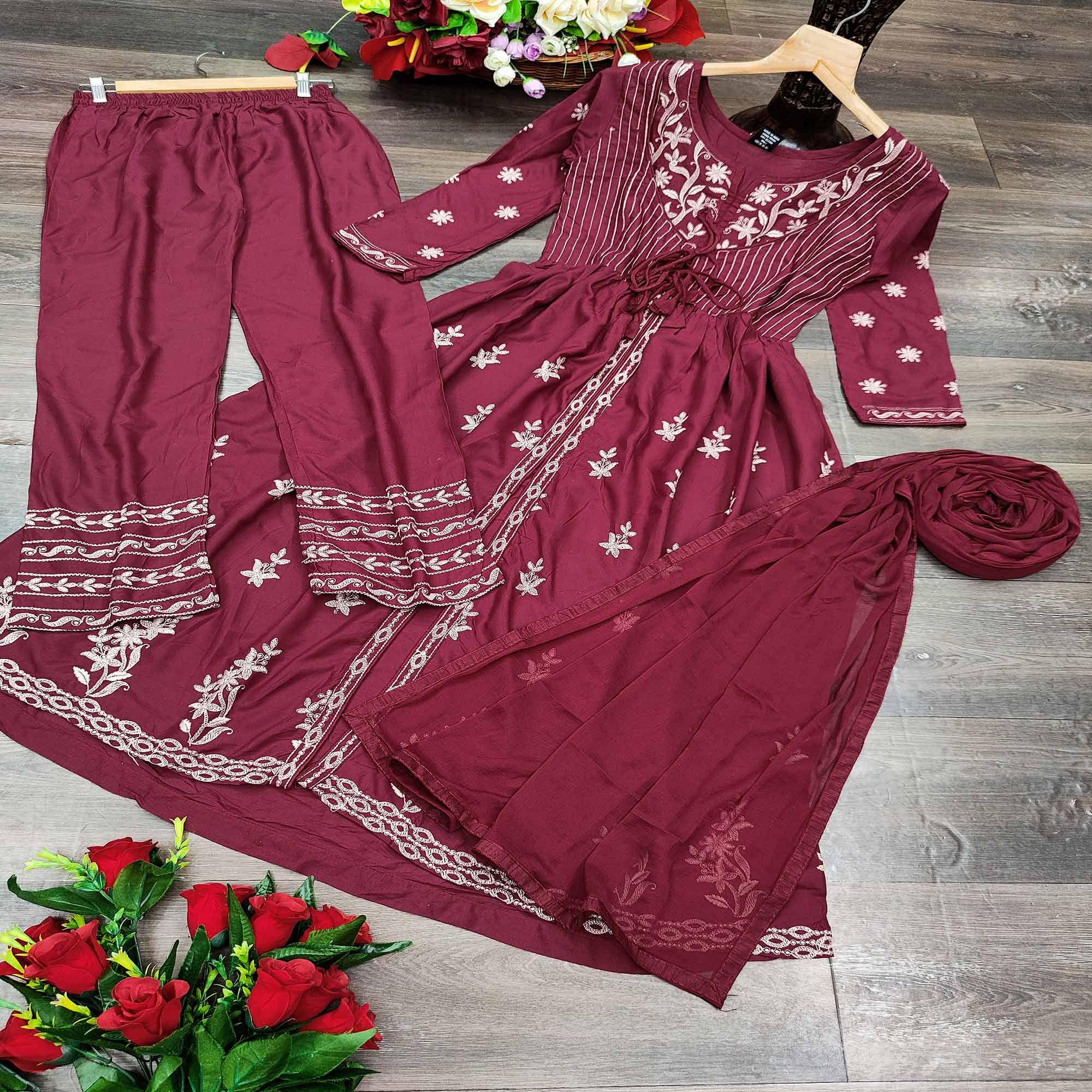 Maroon Partywear Embroidered Rayon Kurti - Palazzo Set With Dupatta - Peachmode