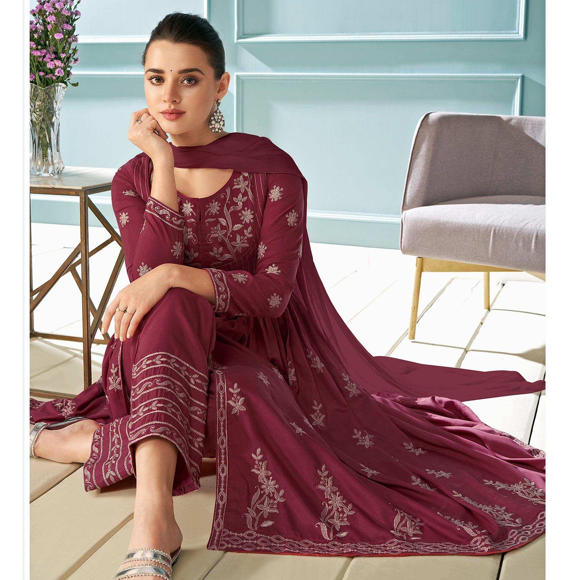 Maroon Partywear Embroidered Rayon Kurti - Palazzo Set With Dupatta - Peachmode