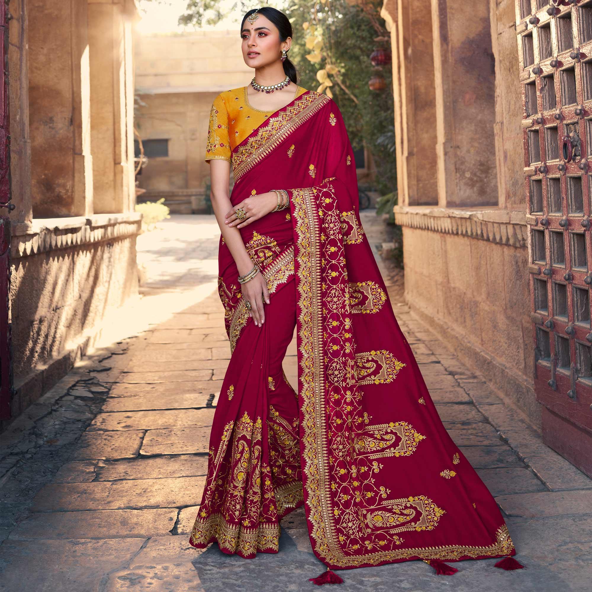 Maroon Partywear Embroidered Silk Saree - Peachmode