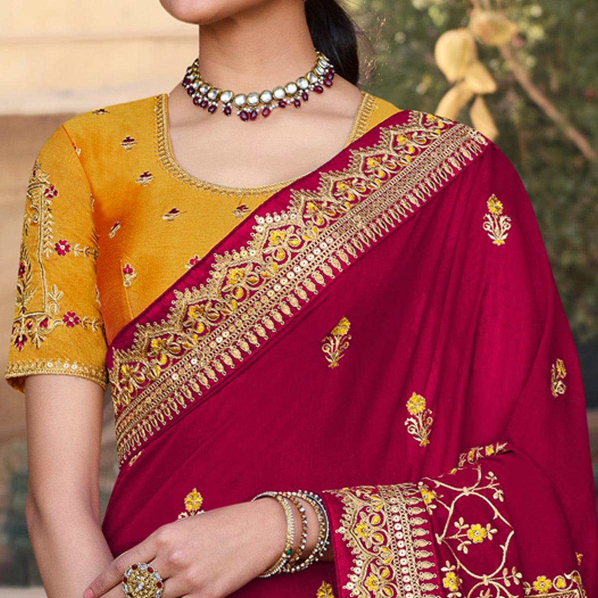 Maroon Partywear Embroidered Silk Saree - Peachmode