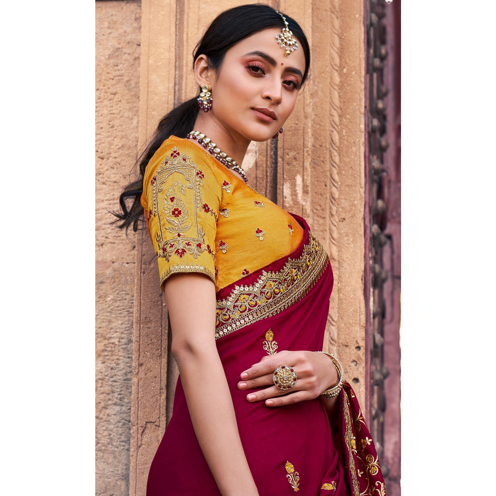 Maroon Partywear Embroidered Silk Saree - Peachmode
