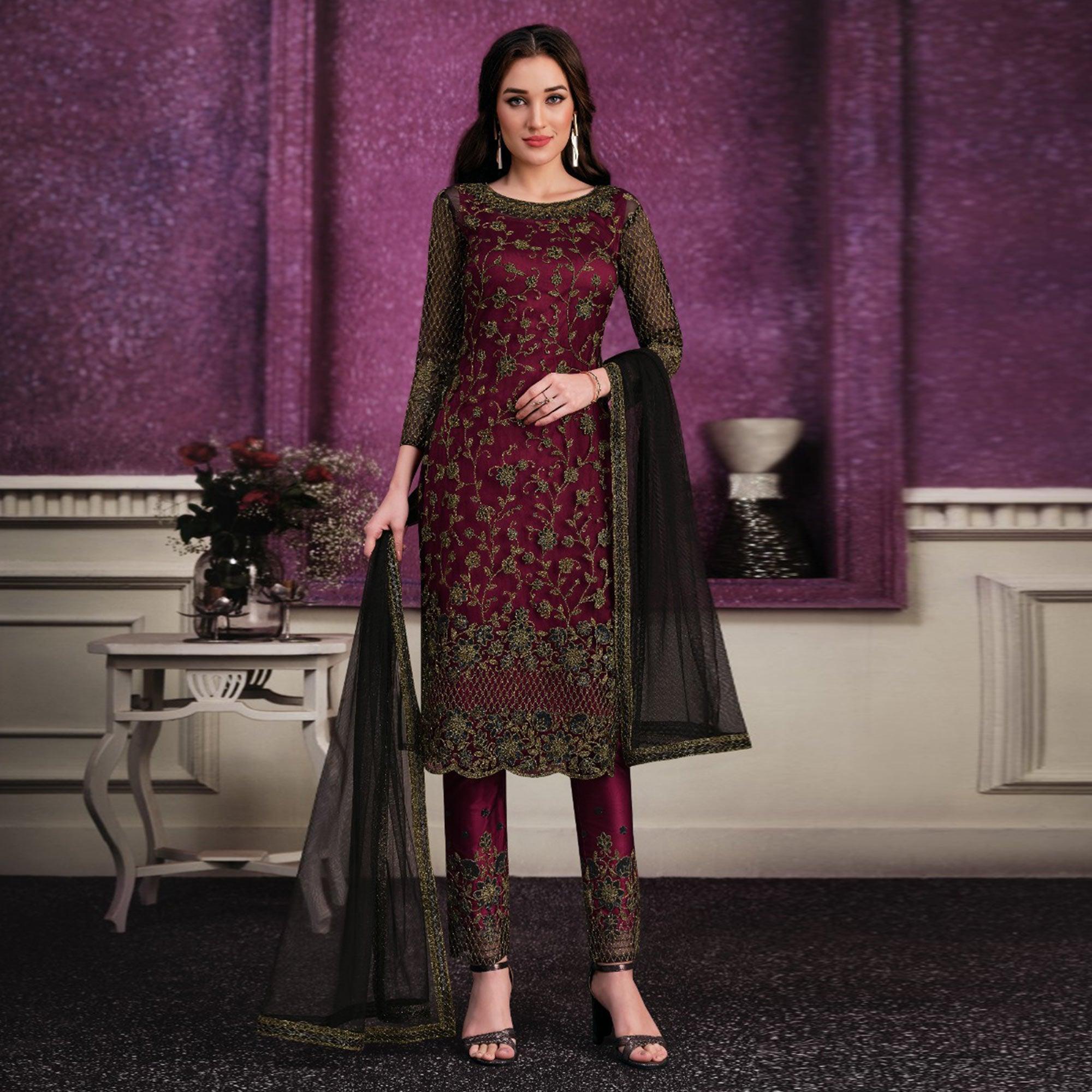 Maroon Partywear Embroidered Soft Net Suit - Peachmode