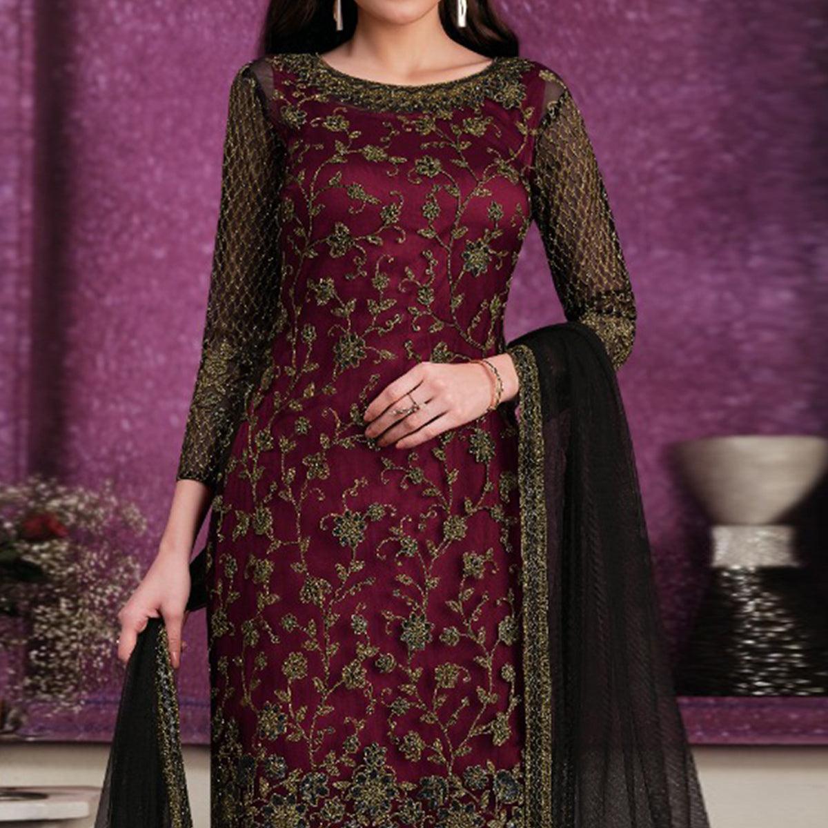 Maroon Partywear Embroidered Soft Net Suit - Peachmode
