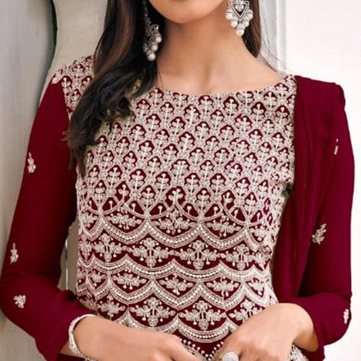 Maroon Partywear Embroidered Viscose Georgette Sharara Suit - Peachmode