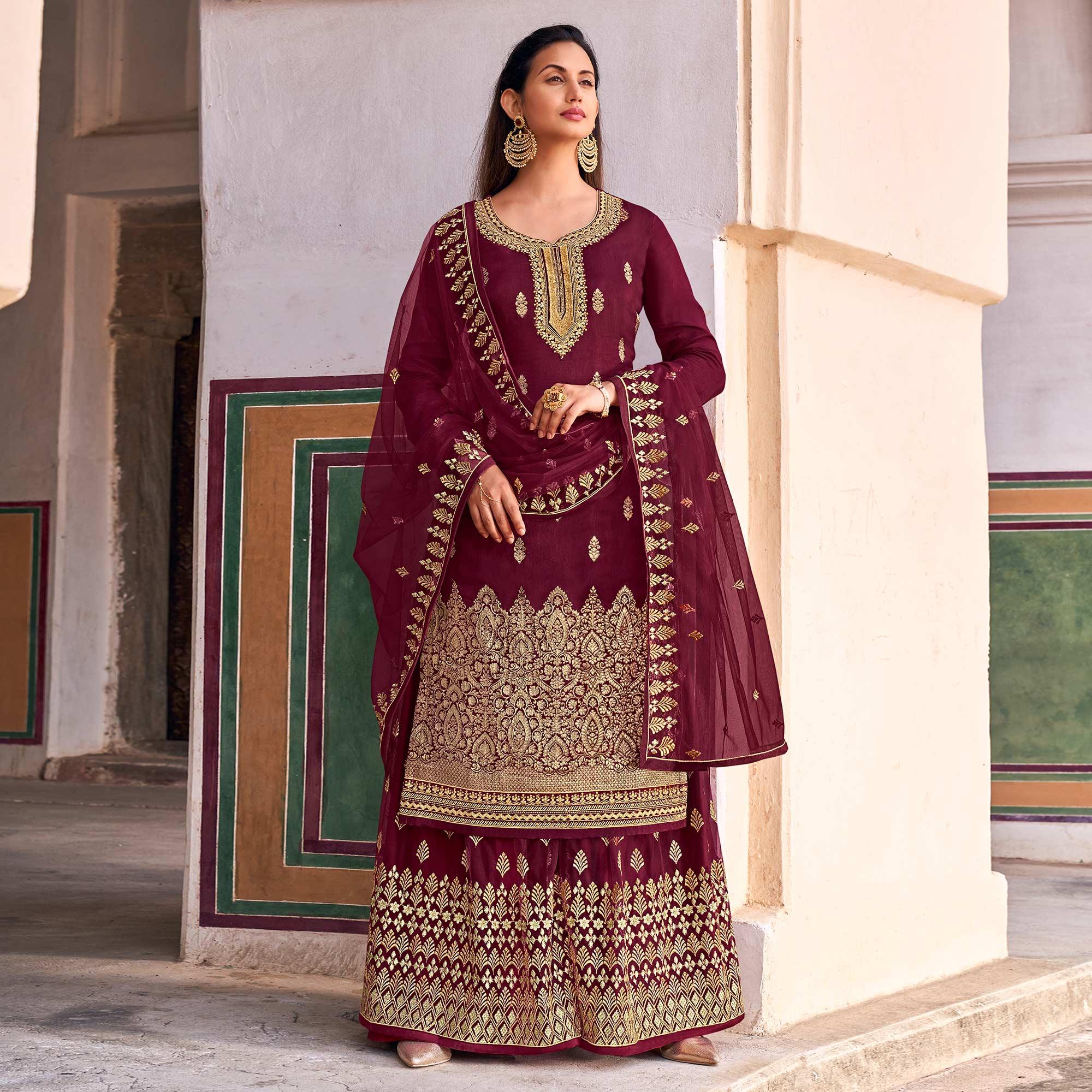 Maroon Partywear Embroidered With Stone Work Dola Jacquard Palazzo Suit - Peachmode