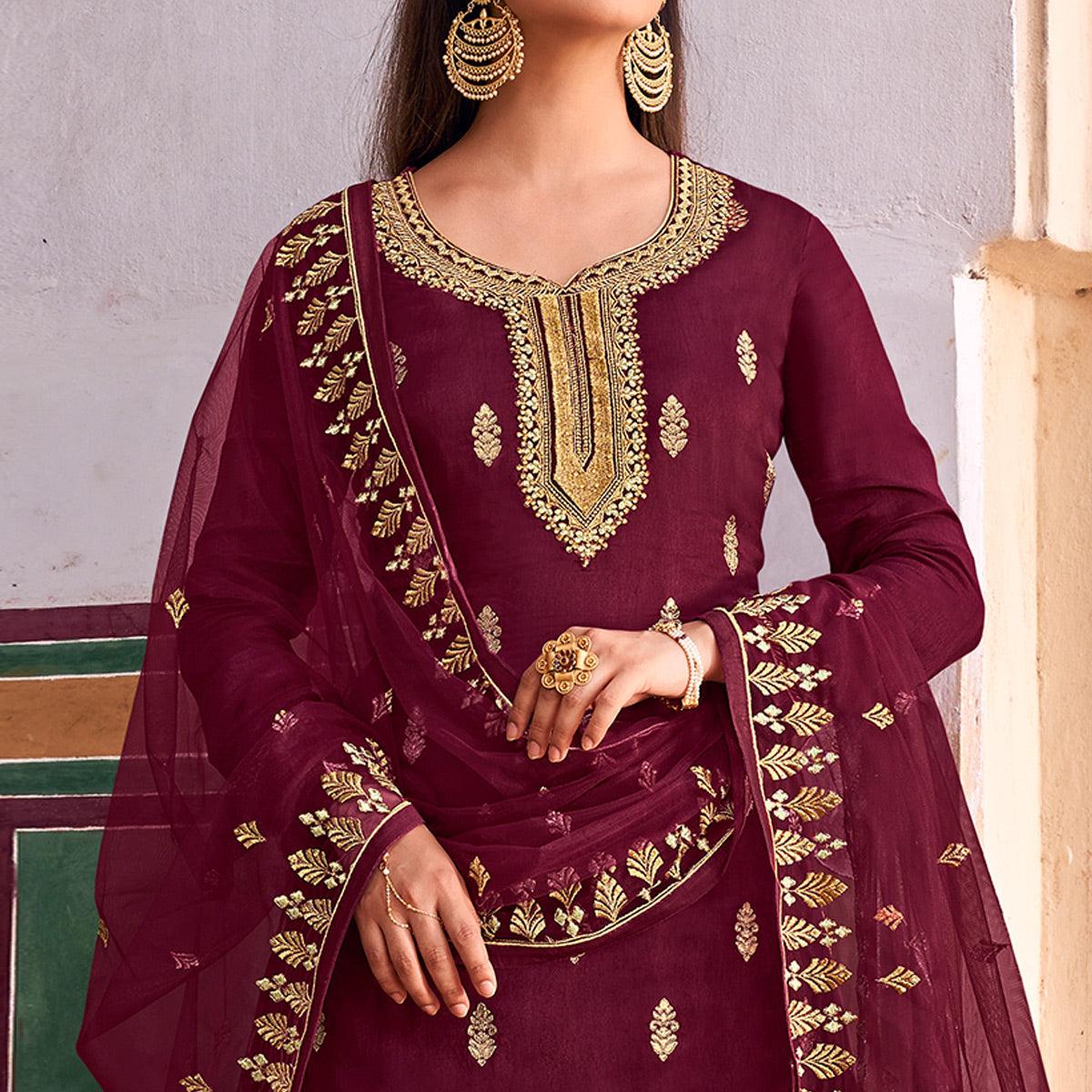 Maroon Partywear Embroidered With Stone Work Dola Jacquard Palazzo Suit - Peachmode