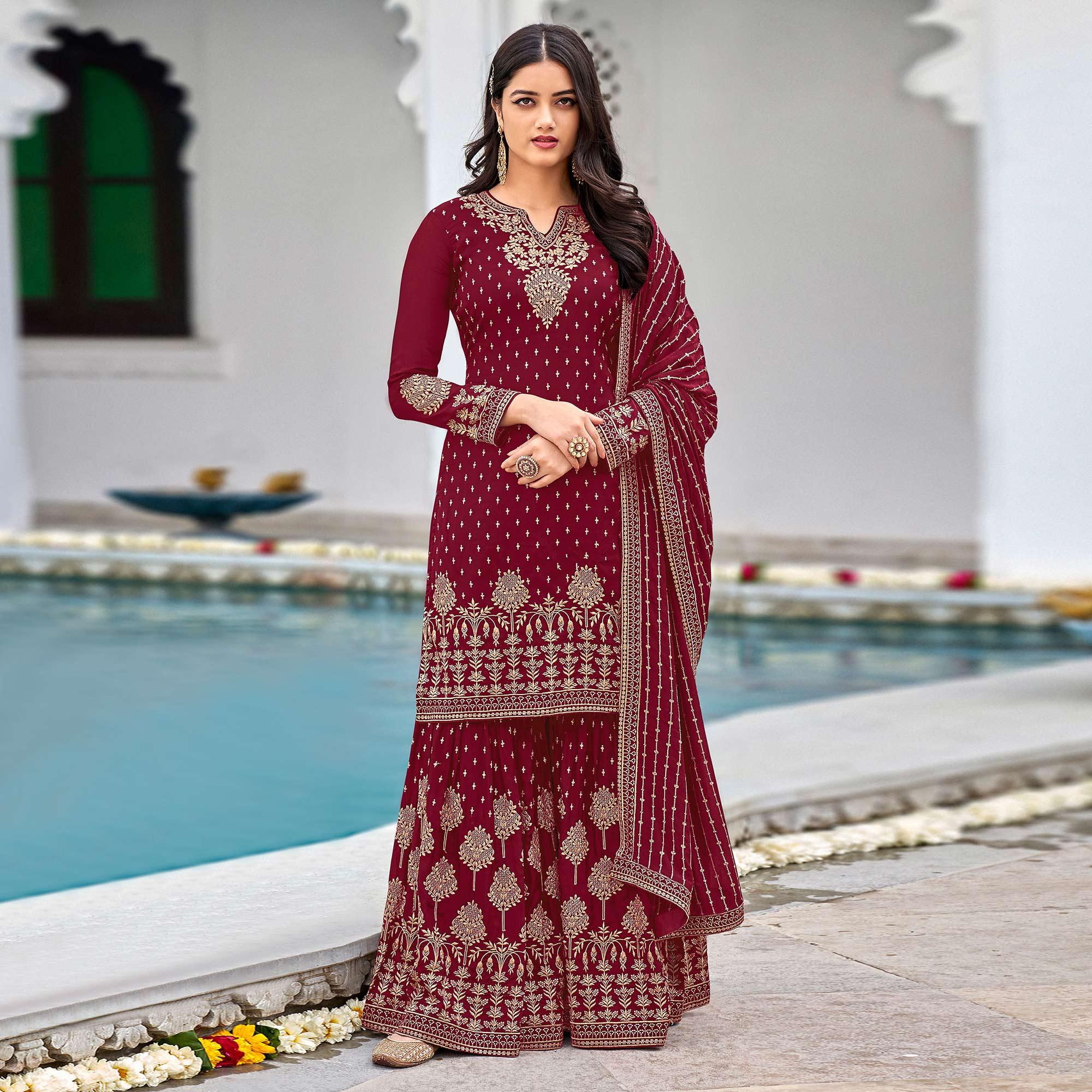 Maroon Partywear Embroidery With Sequence Heavy Faux Georgette Salwar Suit - Peachmode