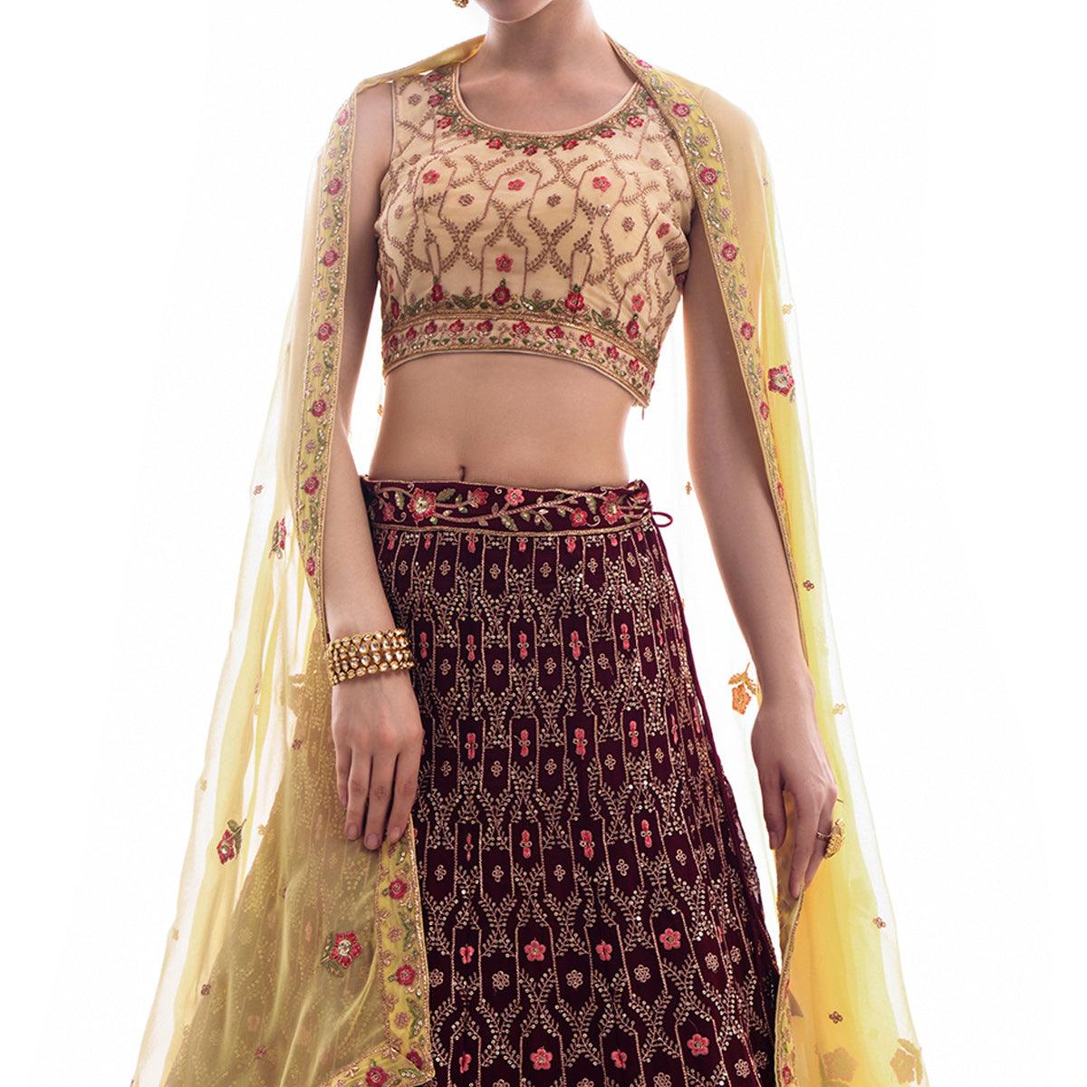 Maroon Partywear Floral Embroidered Georgette Lehenga Choli - Peachmode