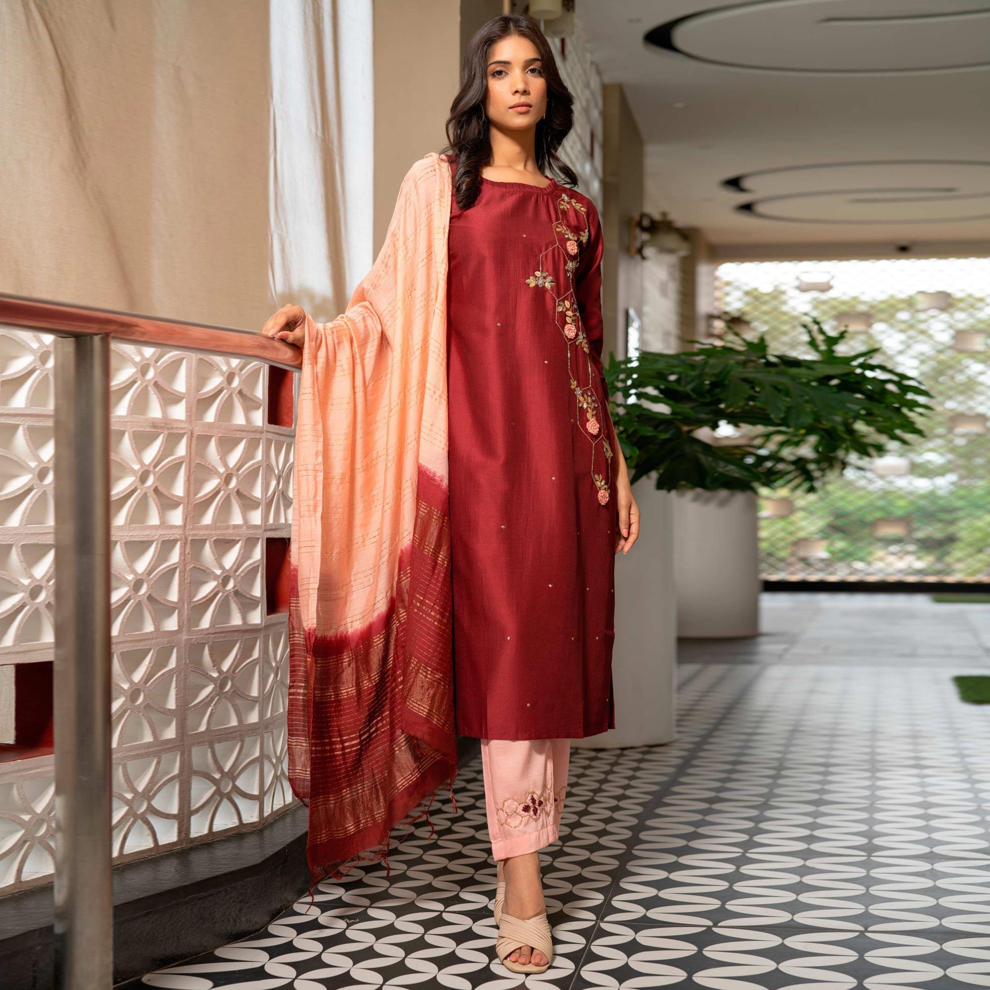 Maroon Partywear Floral Embroidered Georgette Suit - Peachmode