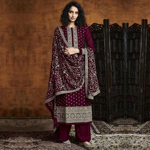 Maroon Partywear Floral Sequins Embroidery Georgette Palazzo Suit - Peachmode