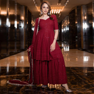 Maroon Partywear Lucknowi Chikankari Rayon Sharara Suit - Peachmode