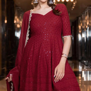 Maroon Partywear Lucknowi Chikankari Rayon Sharara Suit - Peachmode