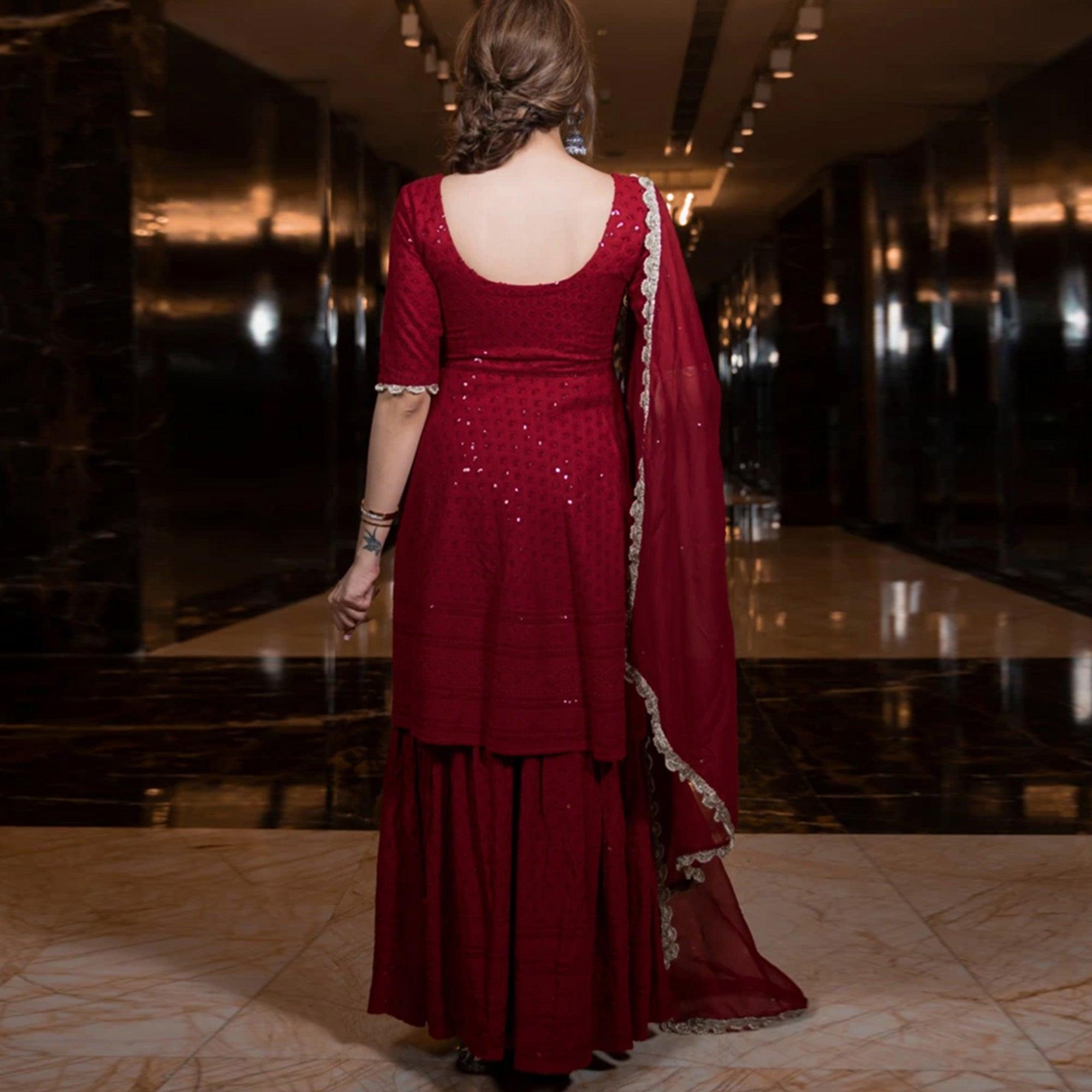 Maroon Partywear Lucknowi Chikankari Rayon Sharara Suit - Peachmode