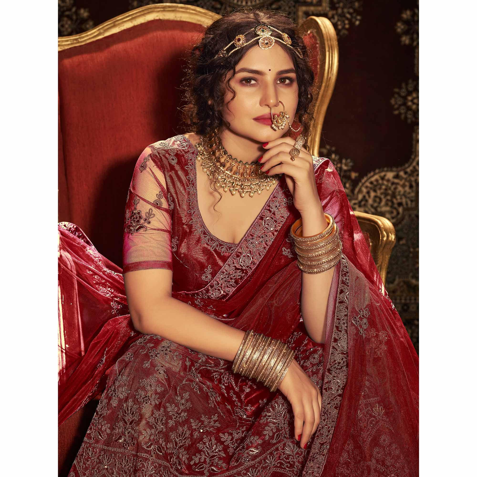 Maroon Partywear Multi Sequence Embroidered Net Lehenga Choli - Peachmode
