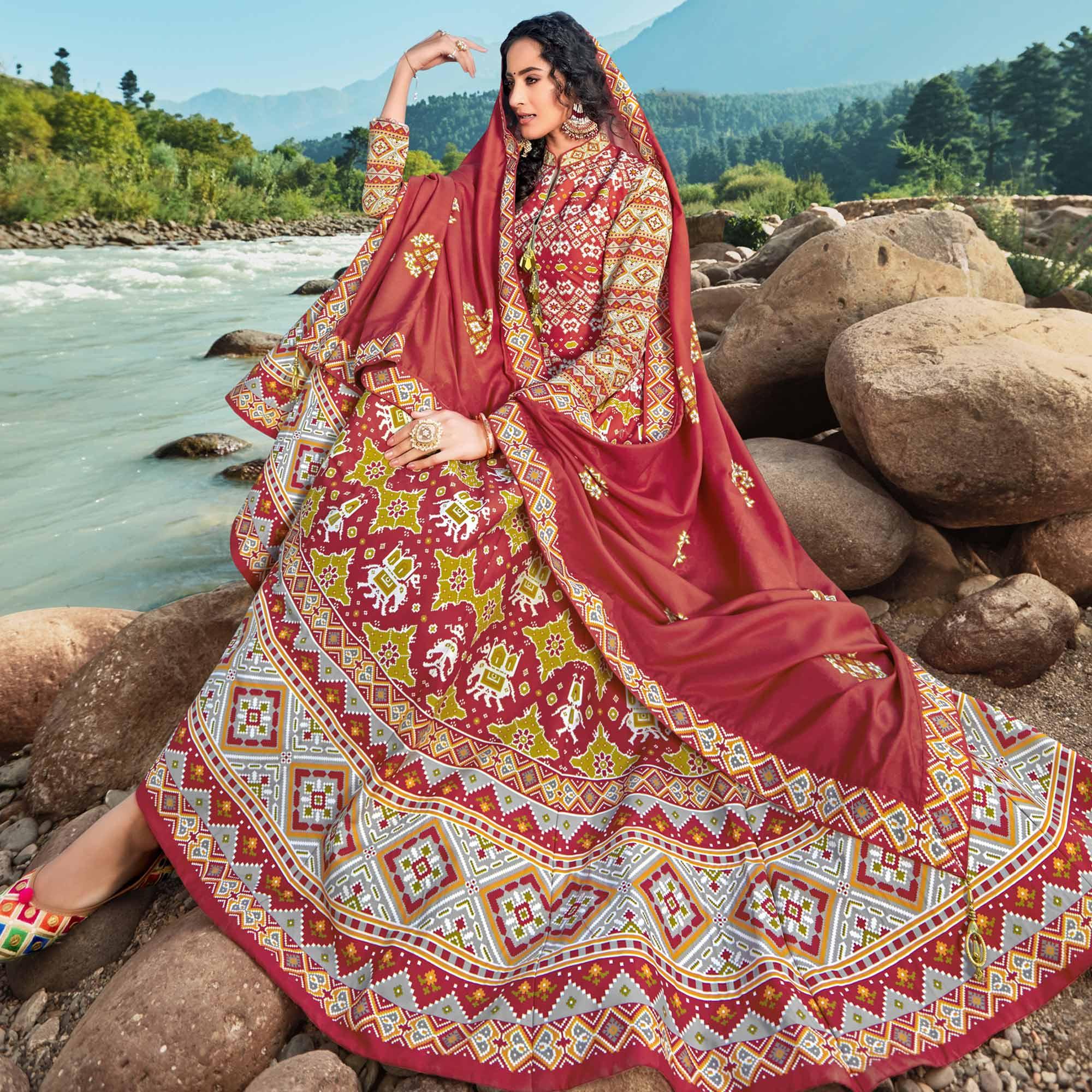 Maroon Partywear Patola Digital Printed Killer Silk Anarkali Suit - Peachmode