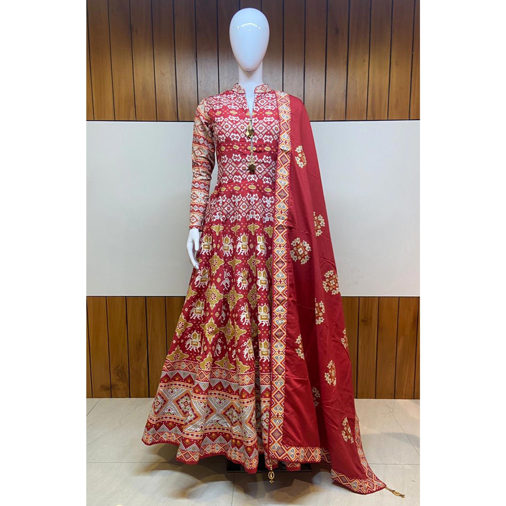 Maroon Partywear Patola Digital Printed Killer Silk Anarkali Suit - Peachmode