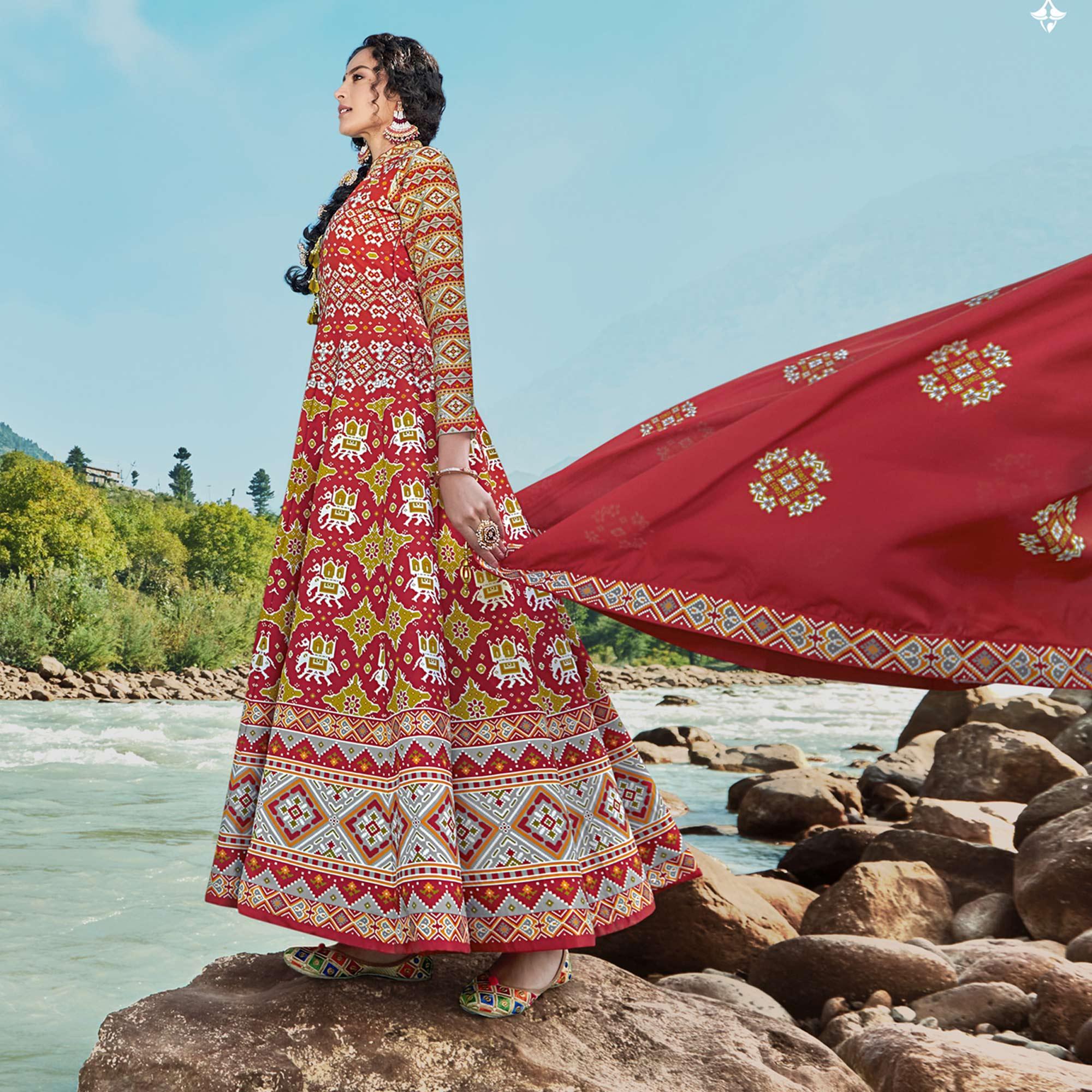 Maroon Partywear Patola Digital Printed Killer Silk Anarkali Suit - Peachmode