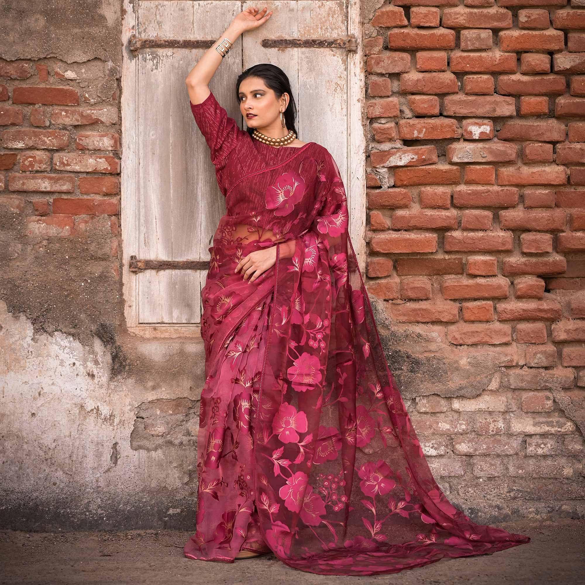 Maroon Partywear Piping Stone Velvet Zari Organza Saree - Peachmode
