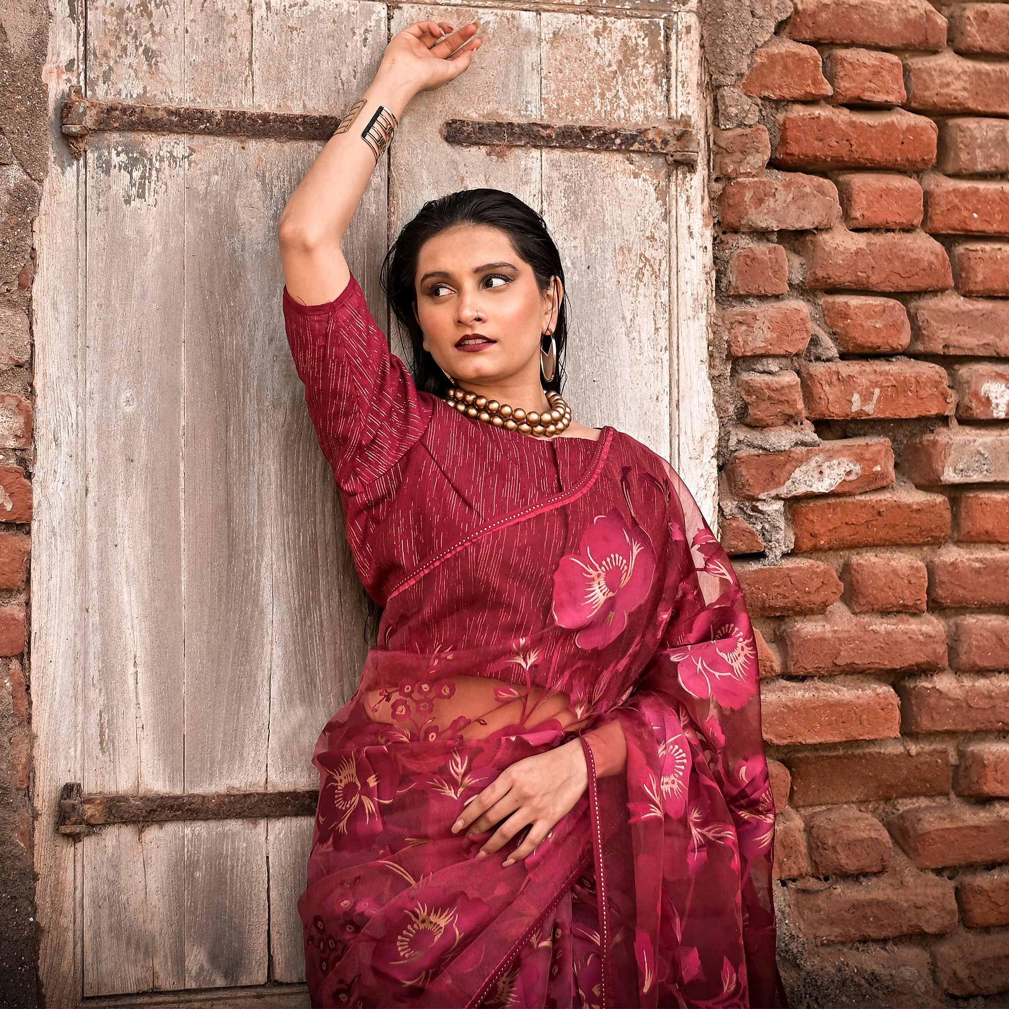 Maroon Partywear Piping Stone Velvet Zari Organza Saree - Peachmode