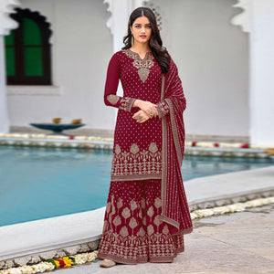 Maroon Partywear Sequence & Embroidered Faux Georgette Salwar Suit - Peachmode