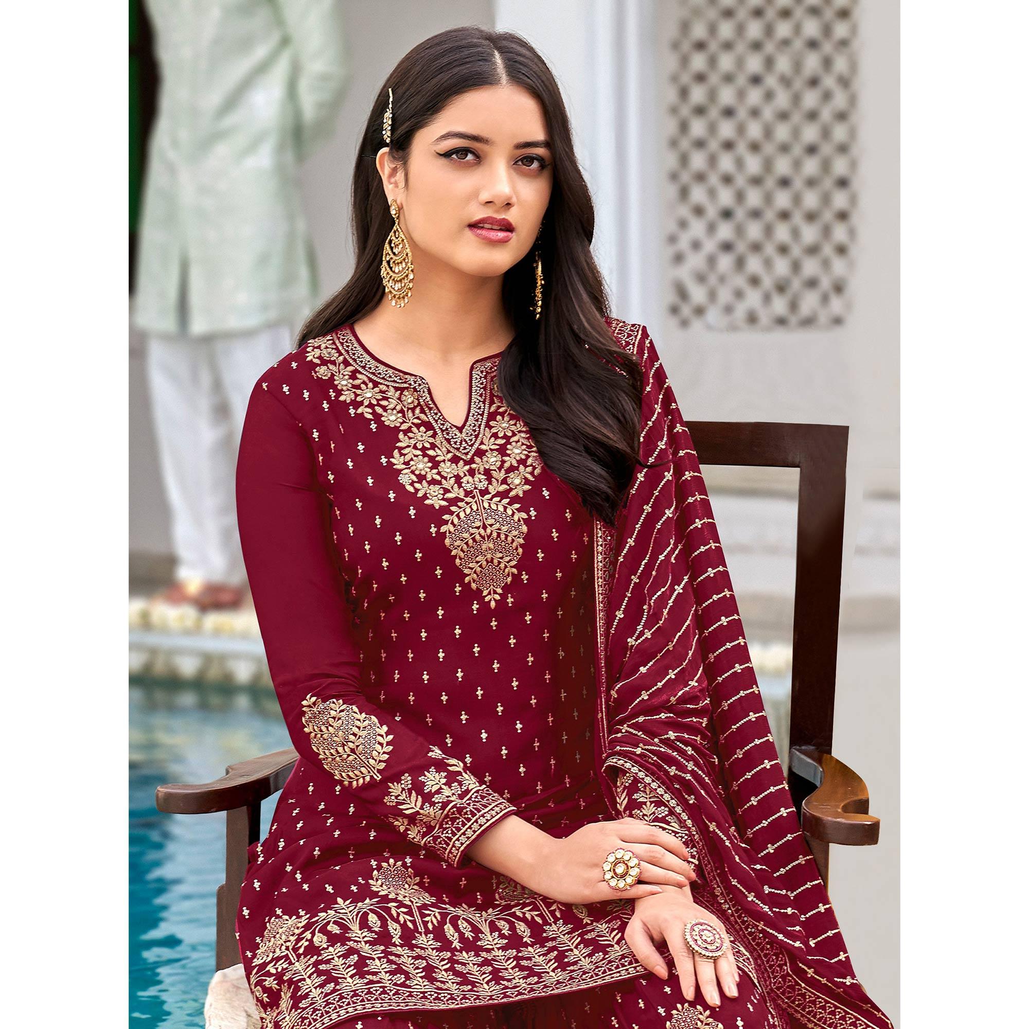 Maroon Partywear Sequence & Embroidered Faux Georgette Salwar Suit - Peachmode