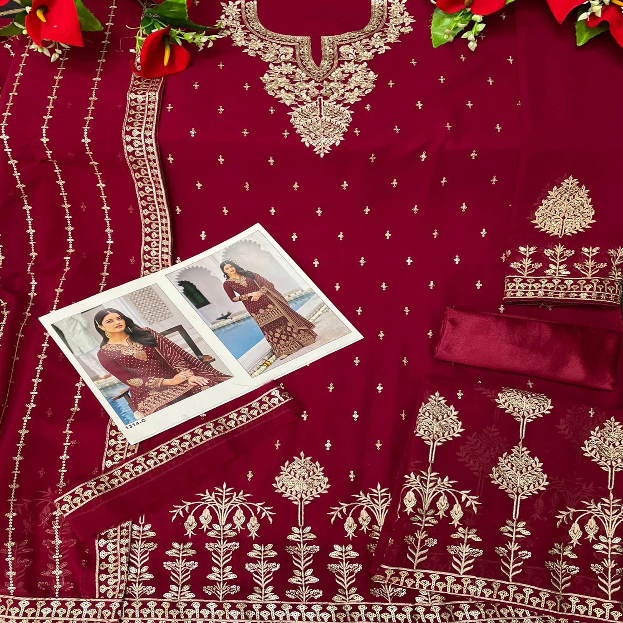 Maroon Partywear Sequence & Embroidered Faux Georgette Salwar Suit - Peachmode