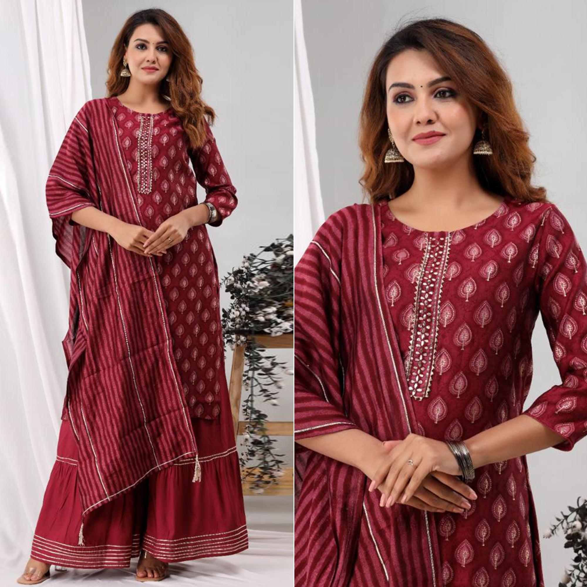 Maroon Partywear Sequence Embroidered Cotton Kurti Palazzo Suit - Peachmode