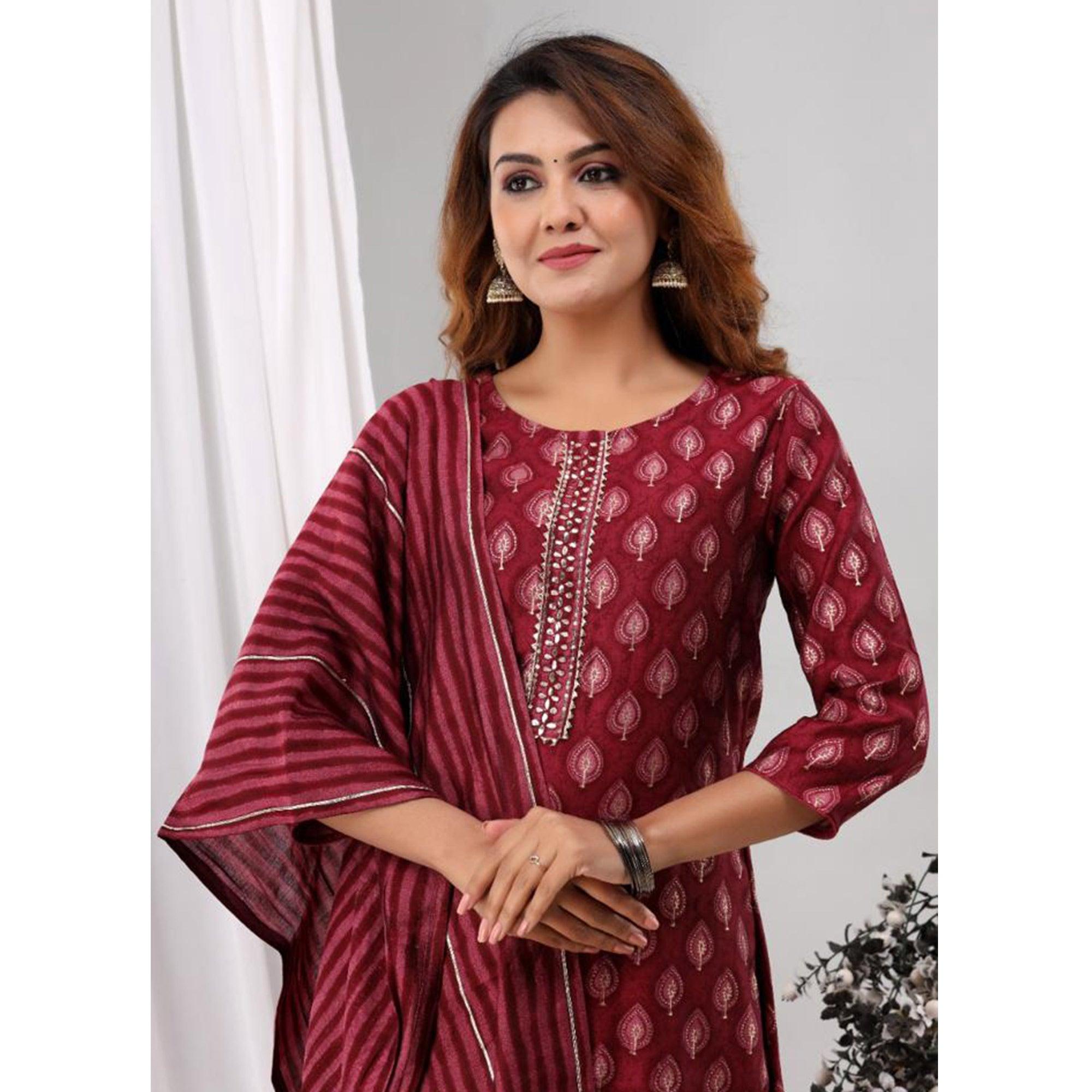 Maroon Partywear Sequence Embroidered Cotton Kurti Palazzo Suit - Peachmode