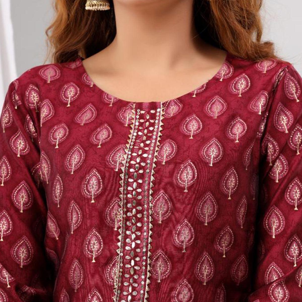 Maroon Partywear Sequence Embroidered Cotton Kurti Palazzo Suit - Peachmode