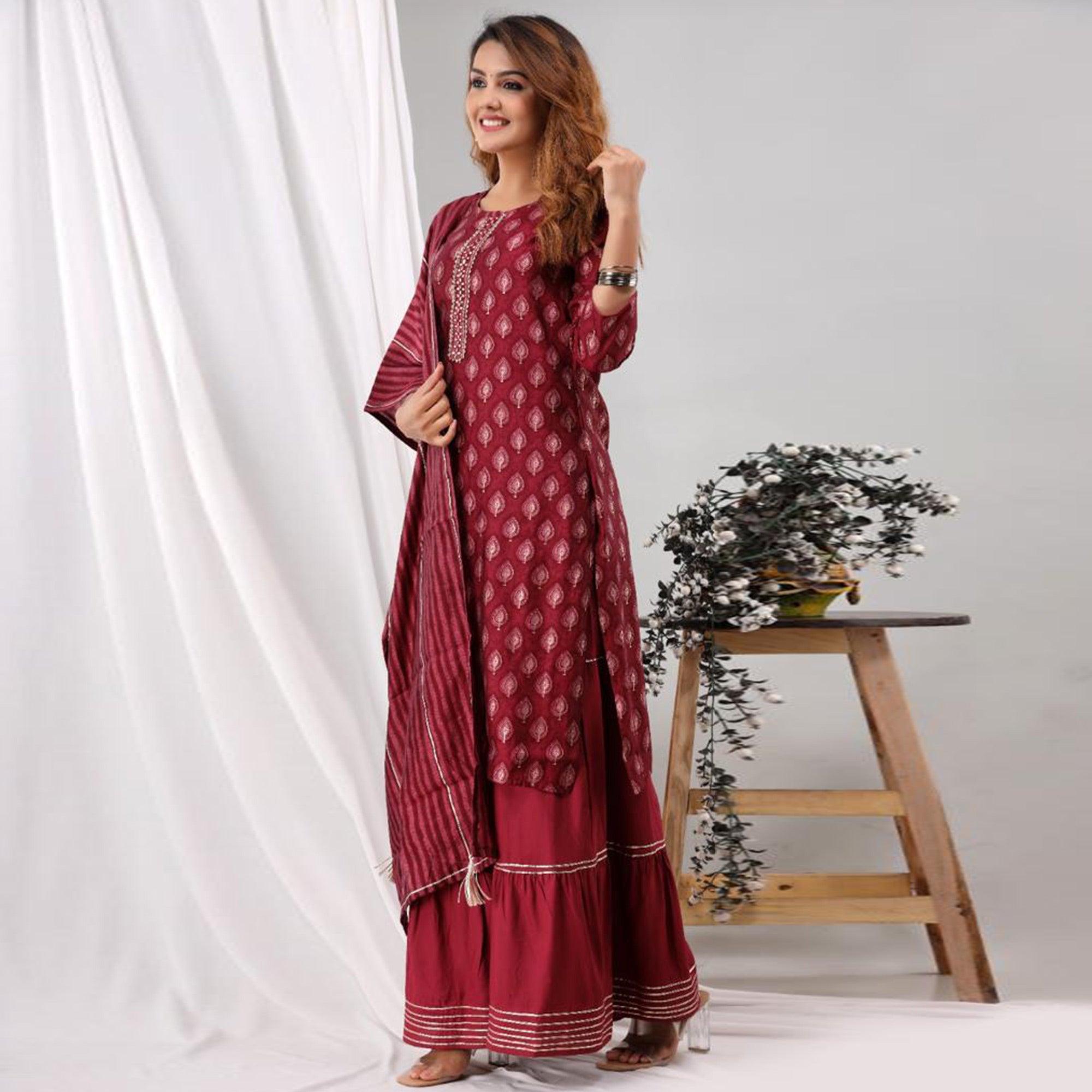 Maroon Partywear Sequence Embroidered Cotton Kurti Palazzo Suit - Peachmode