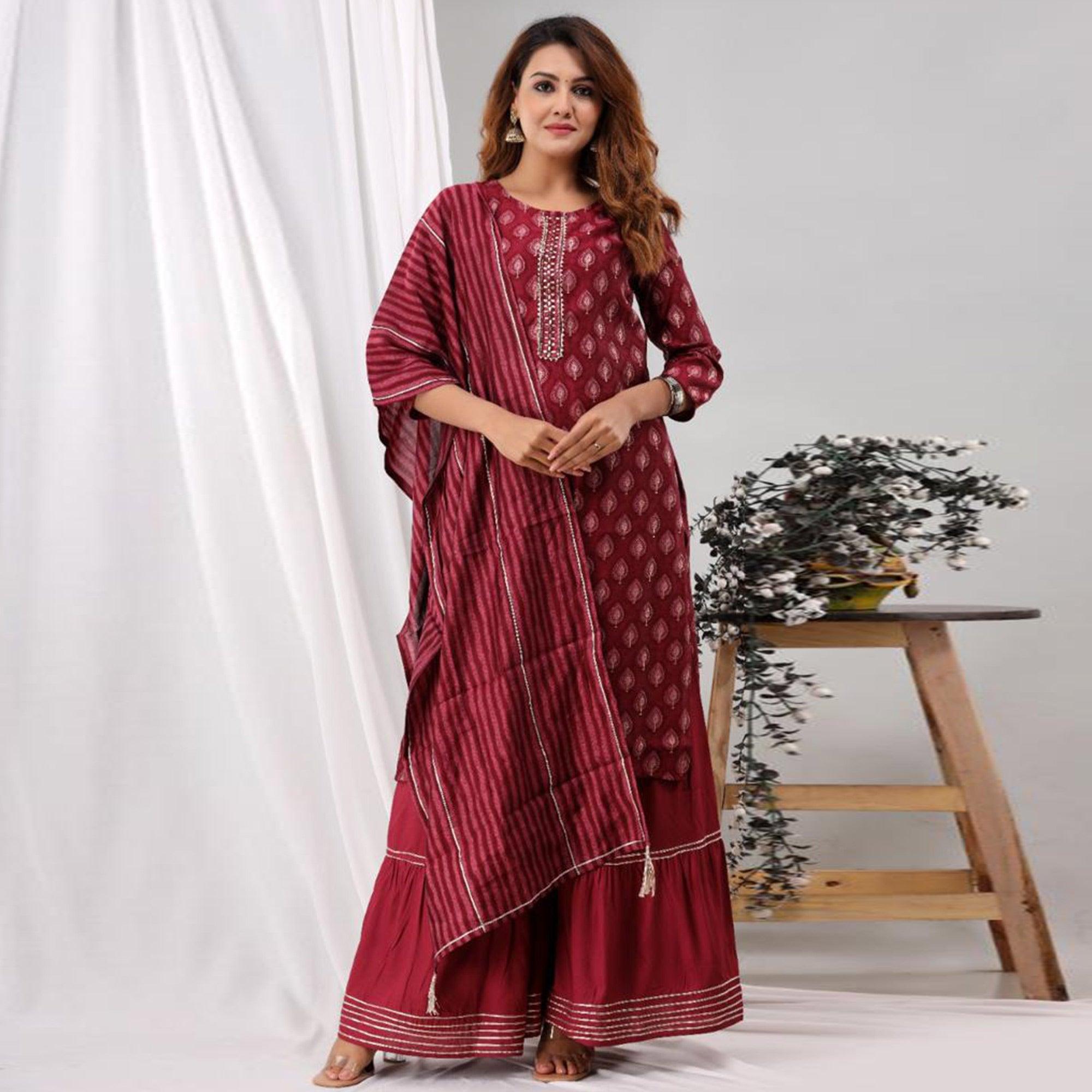 Maroon Partywear Sequence Embroidered Cotton Kurti Palazzo Suit - Peachmode