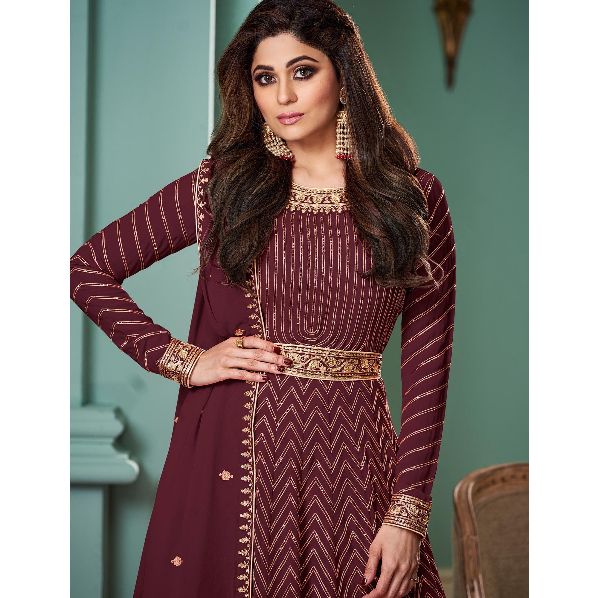 Maroon Partywear Sequence Embroidered Georgette Gown - Peachmode
