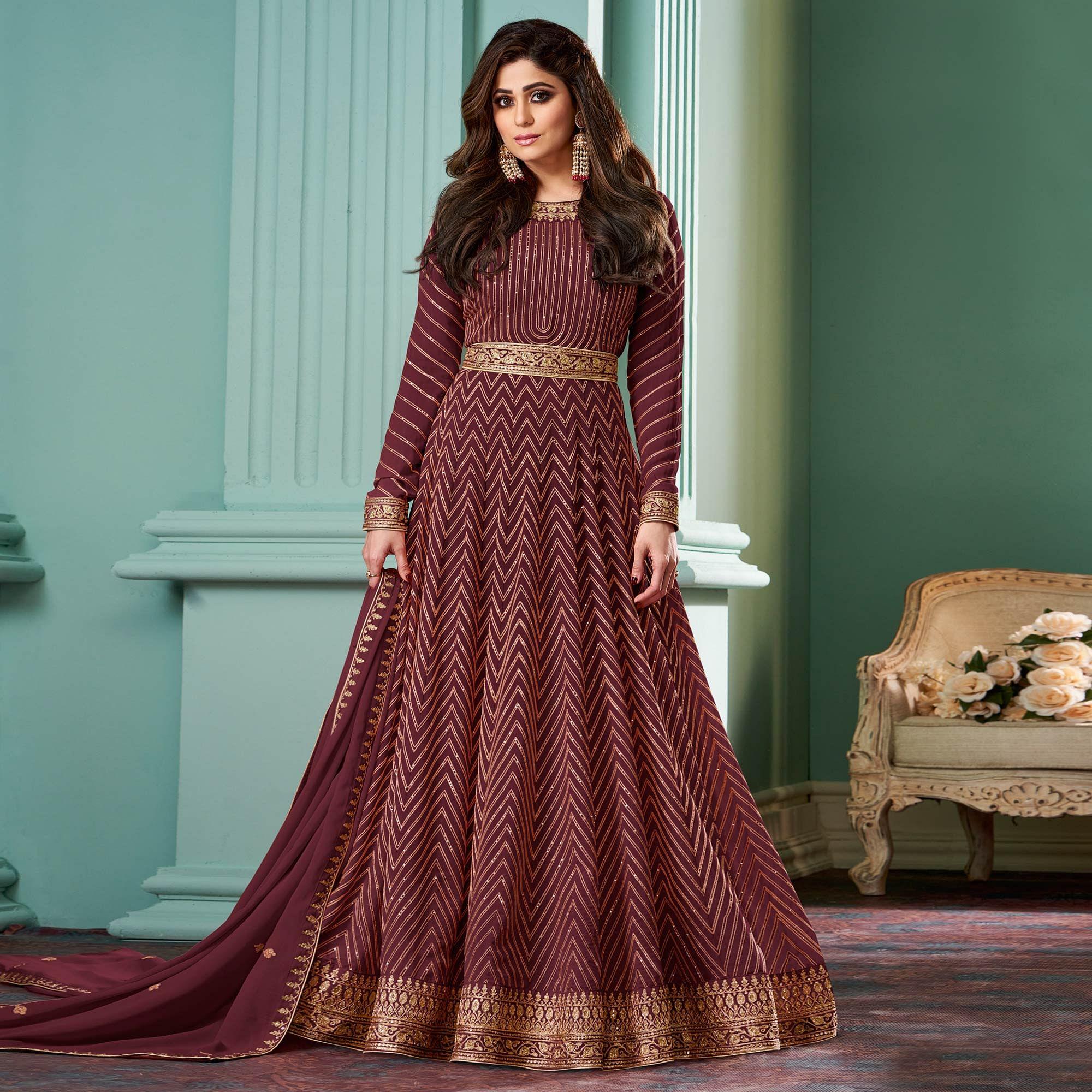 Maroon Partywear Sequence Embroidered Georgette Gown - Peachmode