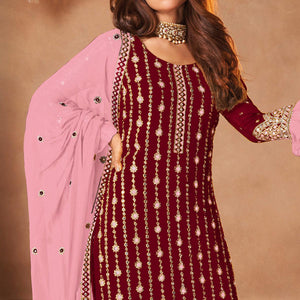 Maroon Partywear Sequence Embroidered Georgette Palazzo Suit - Peachmode