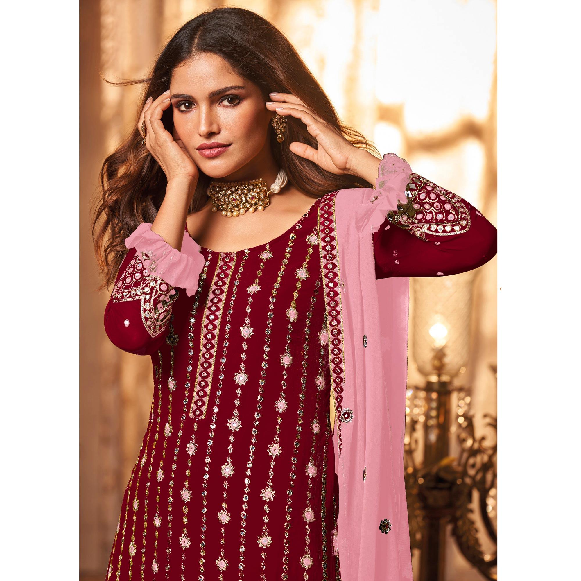 Maroon Partywear Sequence Embroidered Georgette Palazzo Suit - Peachmode