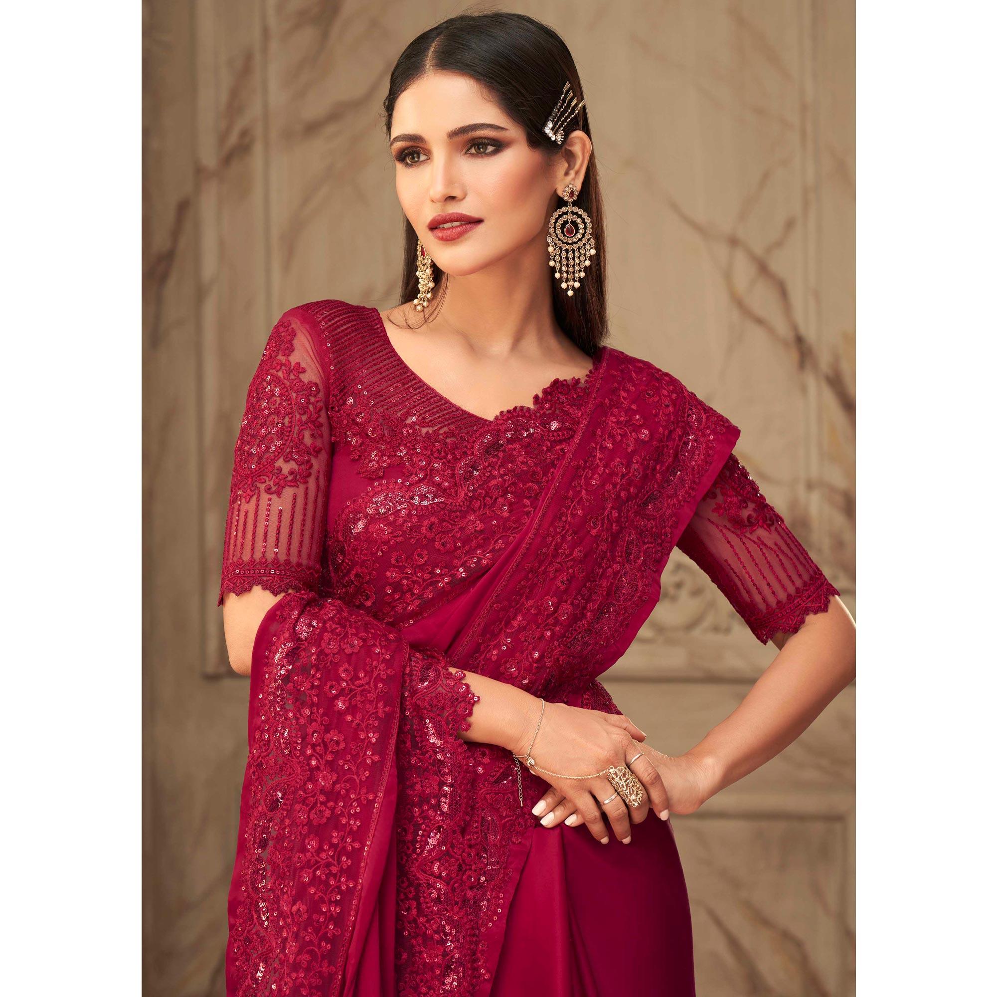 Maroon Partywear Sequence Embroidered  Silk Saree - Peachmode
