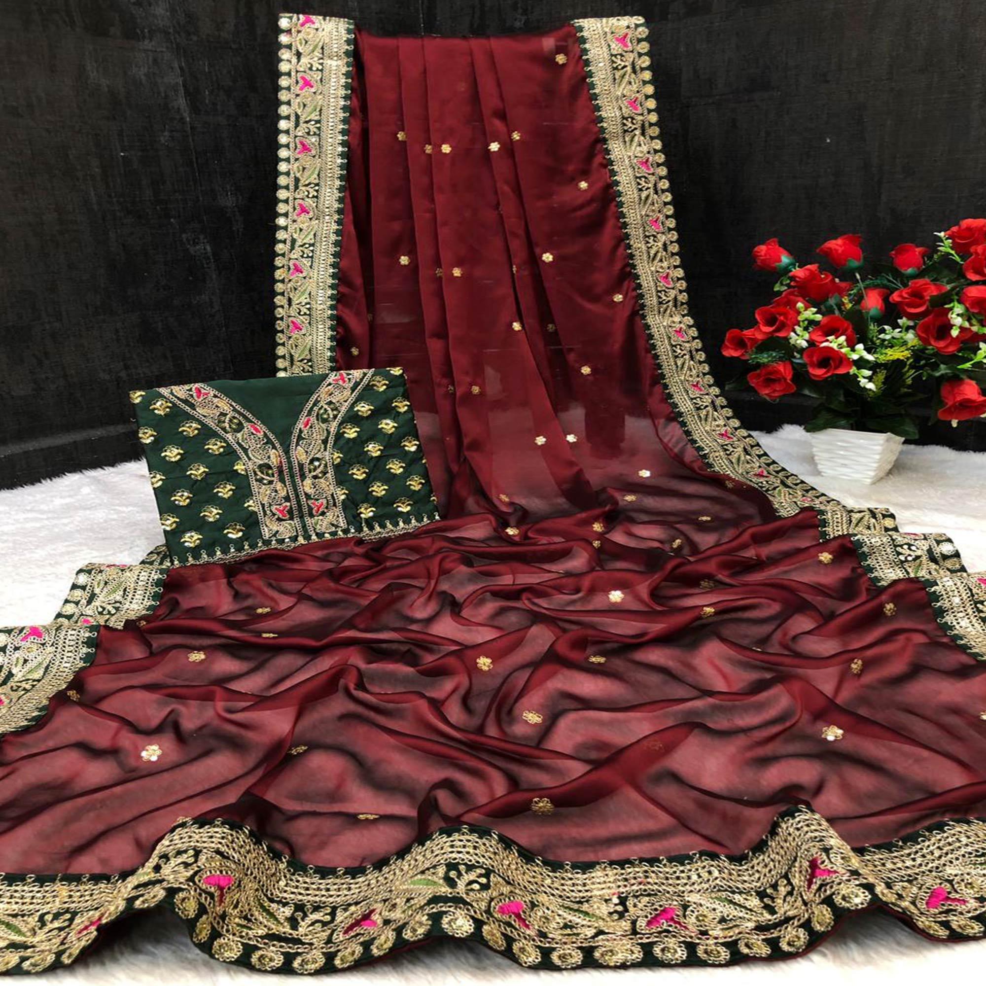 Maroon Partywear Sequence Work And Thread Work Two Tone Silk Saree - Peachmode