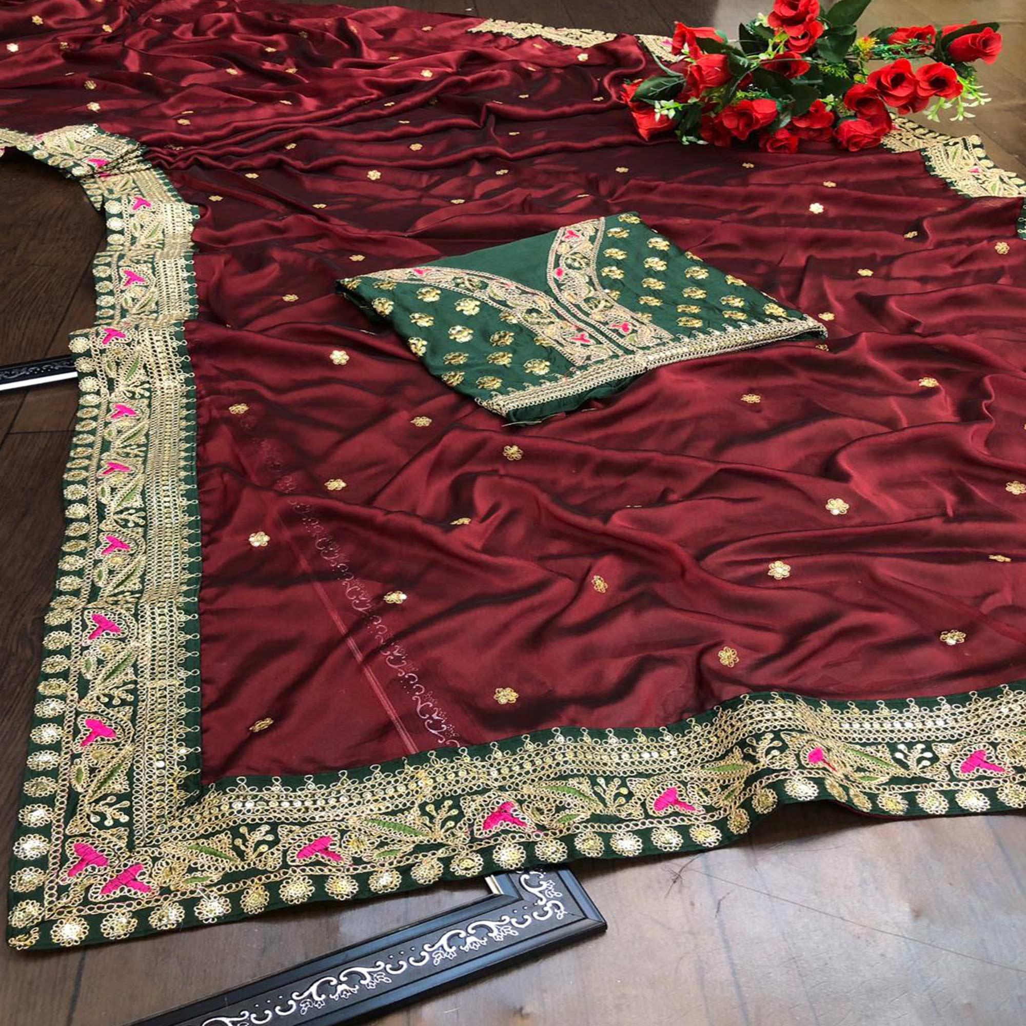 Maroon Partywear Sequence Work And Thread Work Two Tone Silk Saree - Peachmode