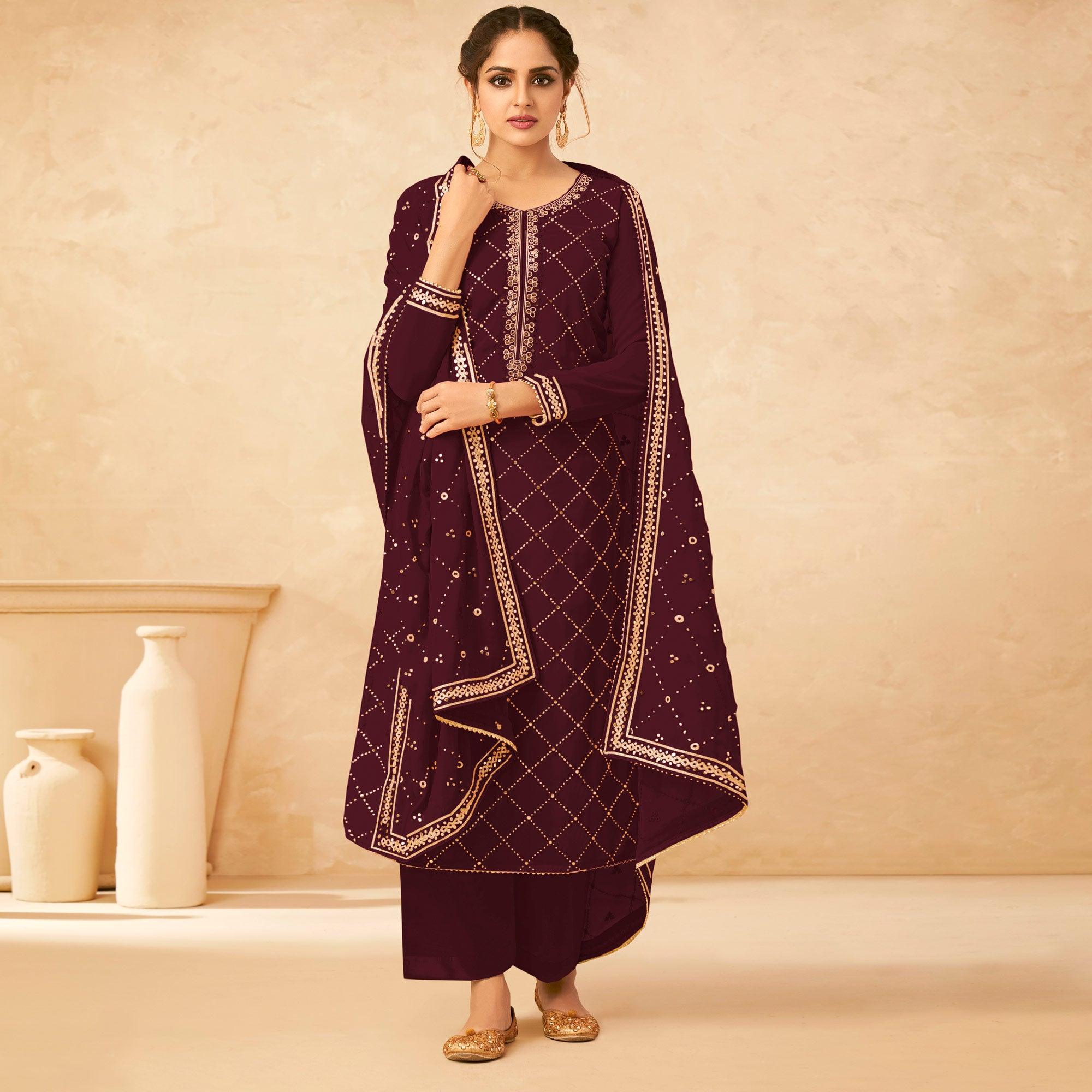 Maroon Partywear Sequence Work Real Georgette Palazzo Suit - Peachmode