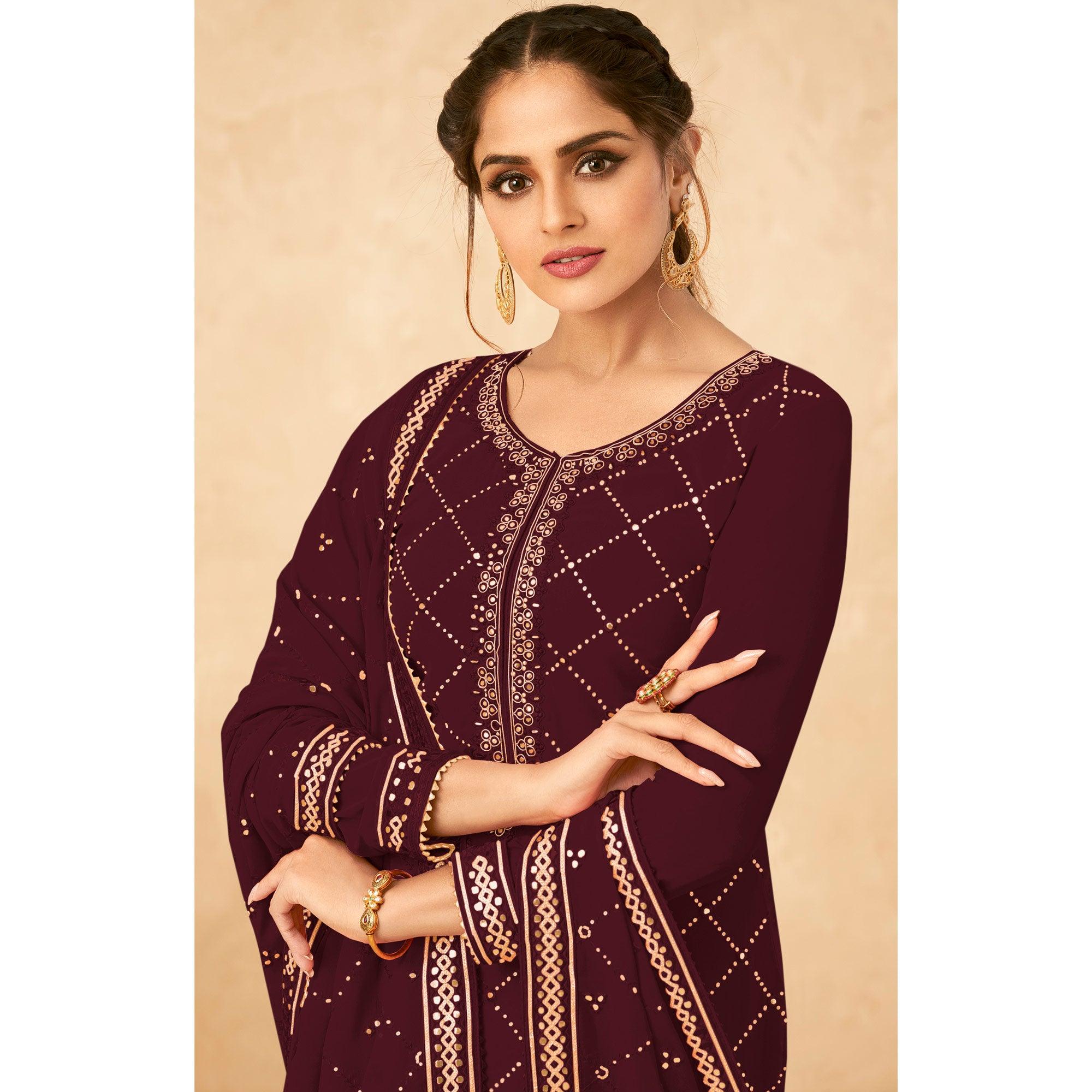 Maroon Partywear Sequence Work Real Georgette Palazzo Suit - Peachmode