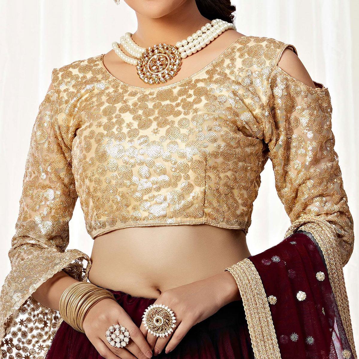 Maroon Partywear Sequined Embroidered Net Lehenga Choli - Peachmode