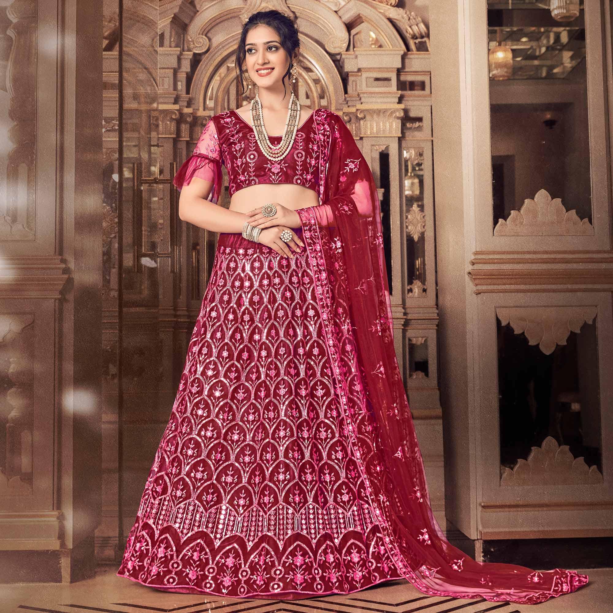 Maroon Partywear Thread Sequence Soft Net Lehenga Choli - Peachmode