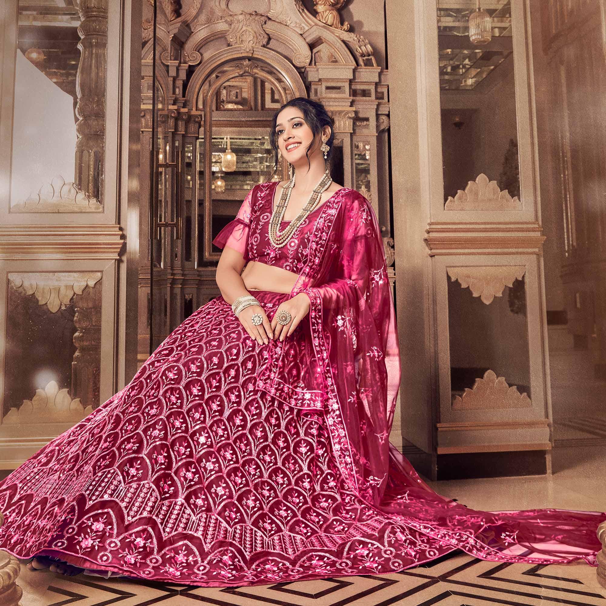 Maroon Partywear Thread Sequence Soft Net Lehenga Choli - Peachmode
